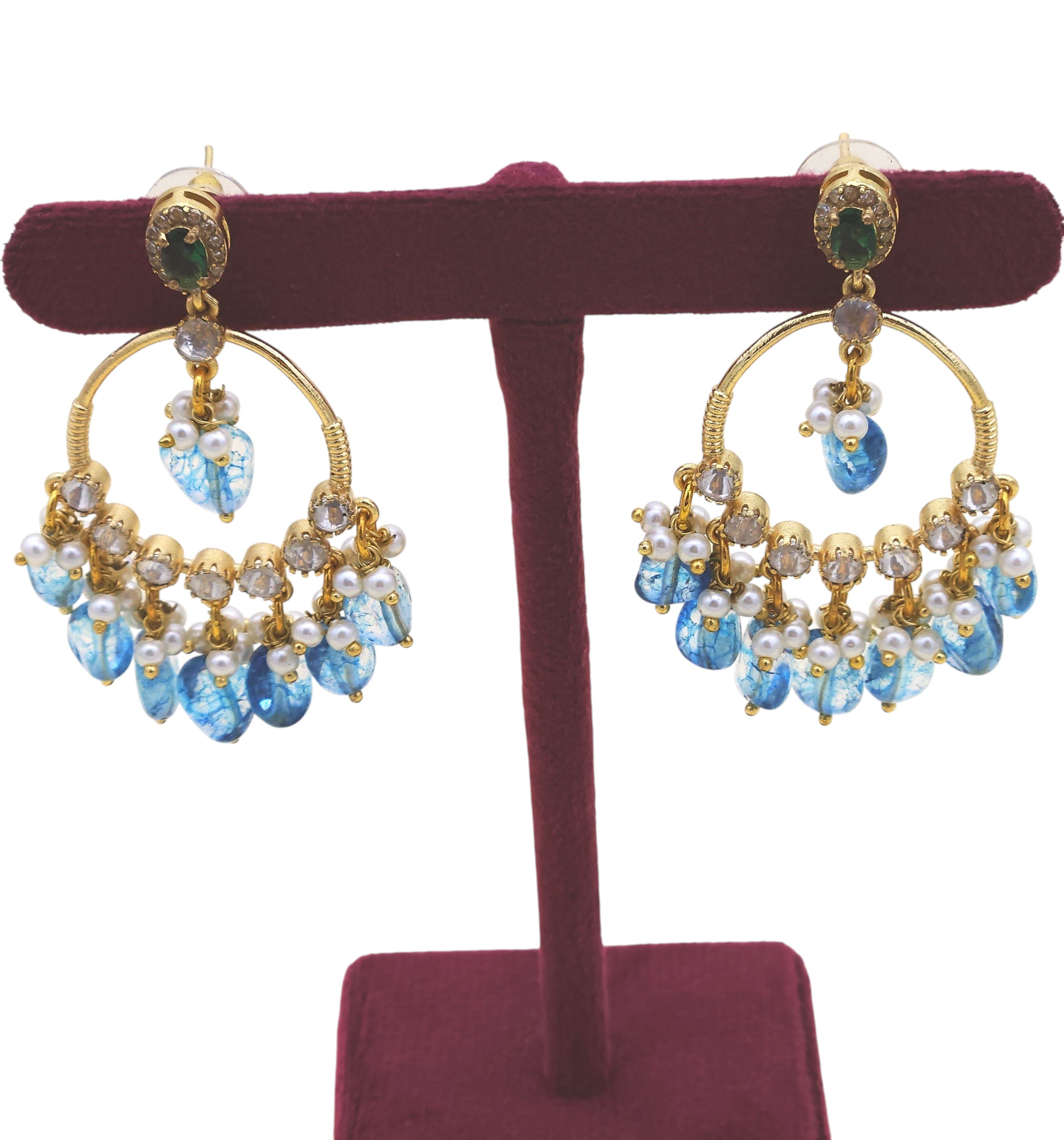 Elegant Antique Gold AD-Moissanite-Green Hydro Quartz-Light Blue Jade Beads-pearl  Light Weight Dangle Earring