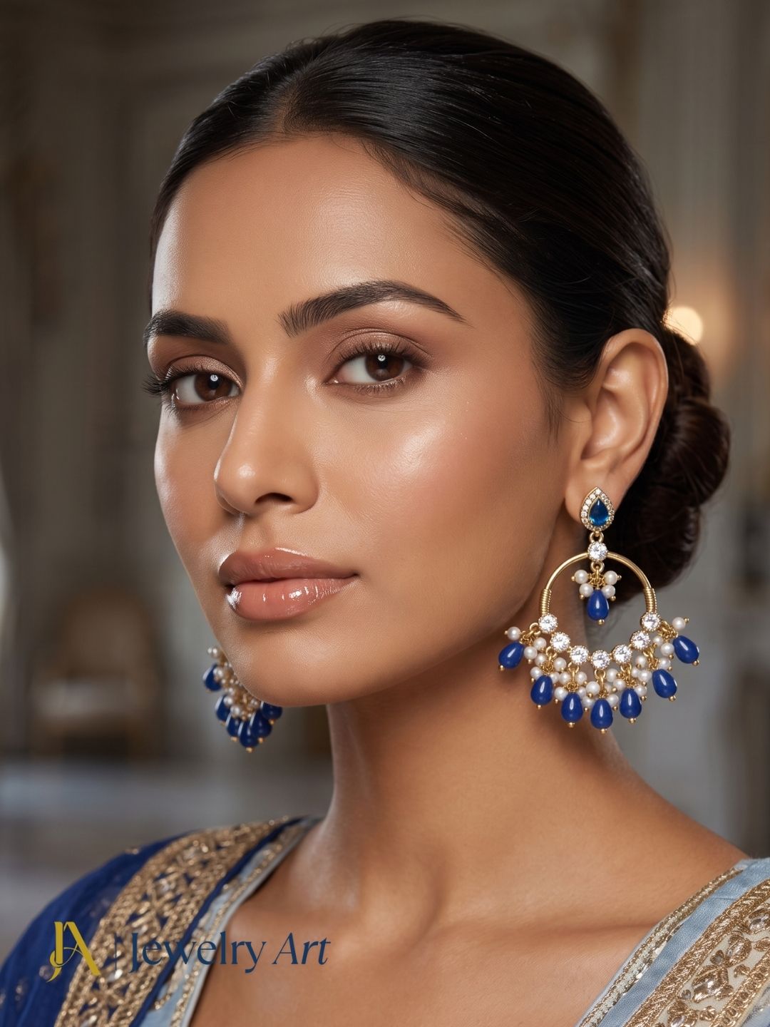 Model showcasing designer AD Moissanite earrings with blue jade beads
