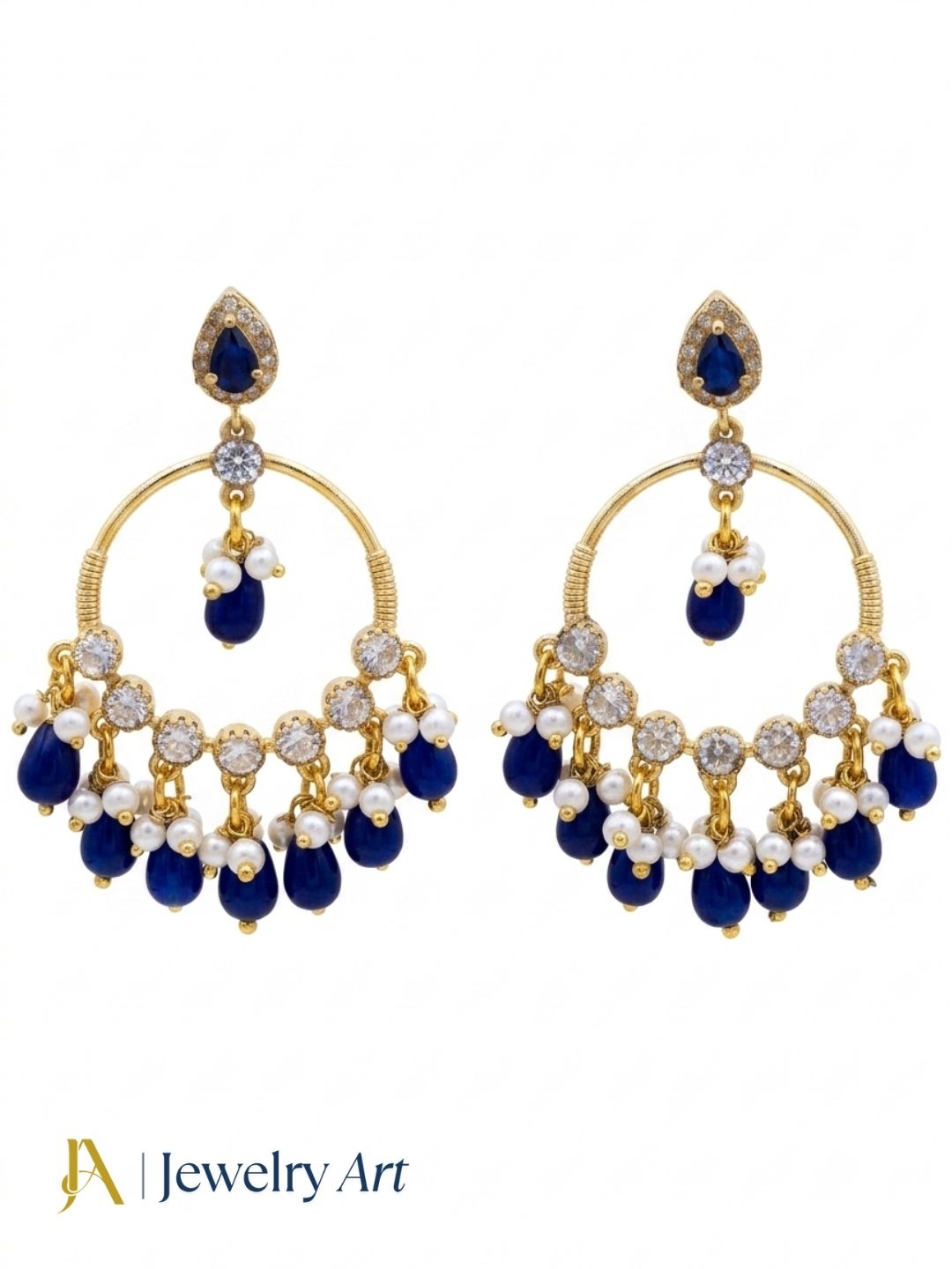 Handcrafted antique gold earrings with Moissanite, blue hydro quartz and blue jade beads
