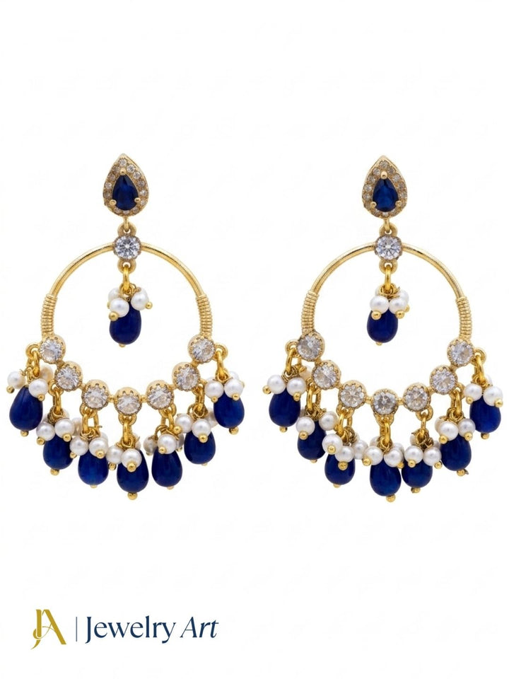 Handcrafted antique gold earrings with Moissanite, blue hydro quartz and blue jade beads
