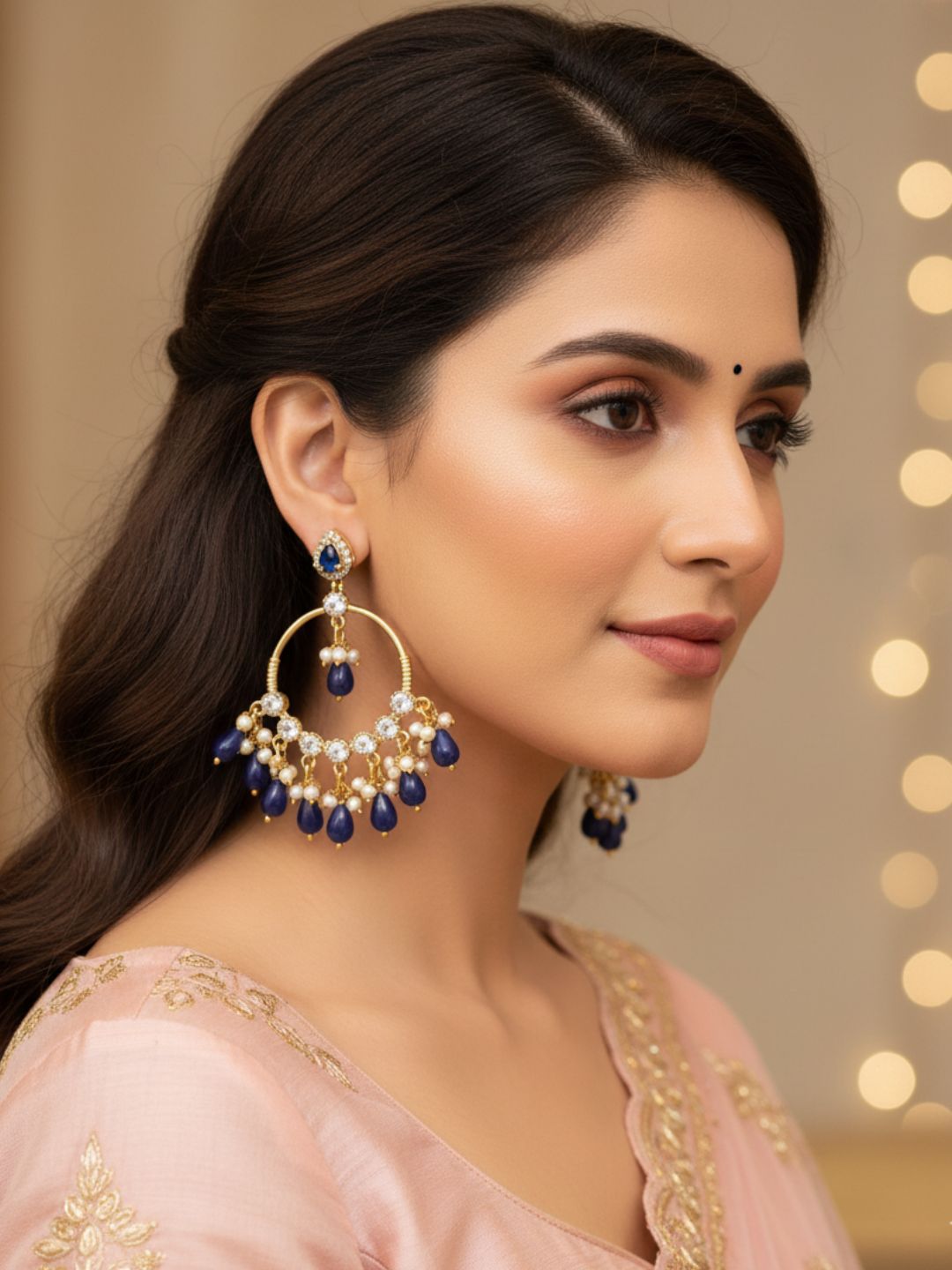 Elegant Antique Gold AD-Moissanite-Blue Hydro Quartz-Blue Jade Beads-Pearl Light Weight Dangle Earring