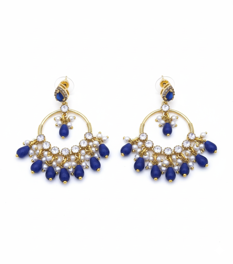 Elegant Antique Gold AD-Moissanite-Blue Hydro Quartz-Blue Jade Beads-Pearl Light Weight Dangle Earring