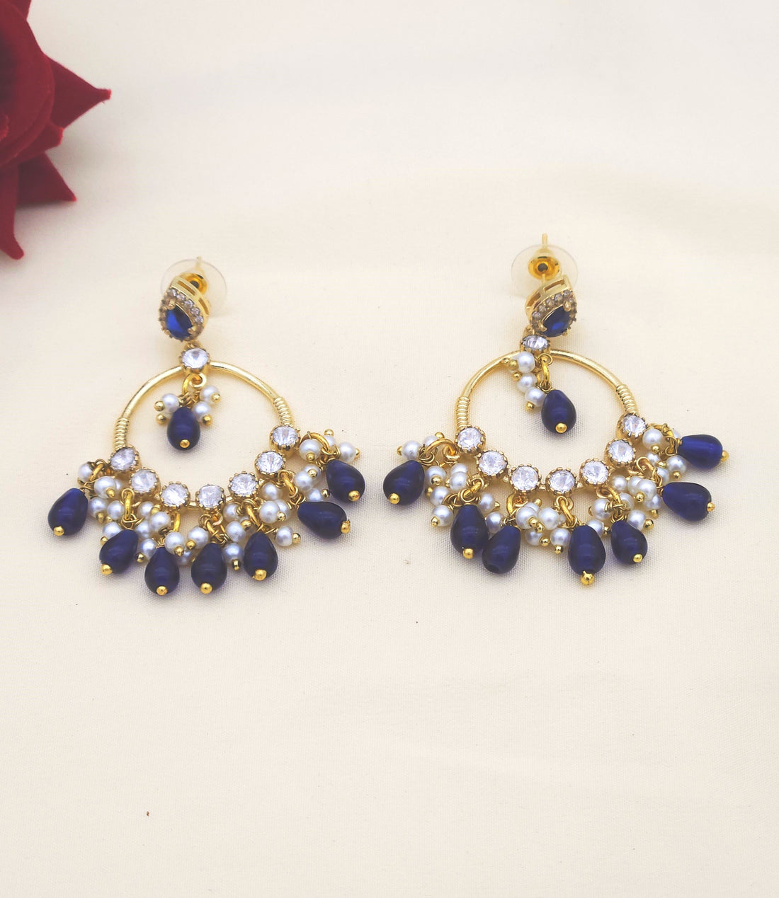 Elegant Antique Gold AD-Moissanite-Blue Hydro Quartz-Blue Jade Beads-Pearl Light Weight Dangle Earring