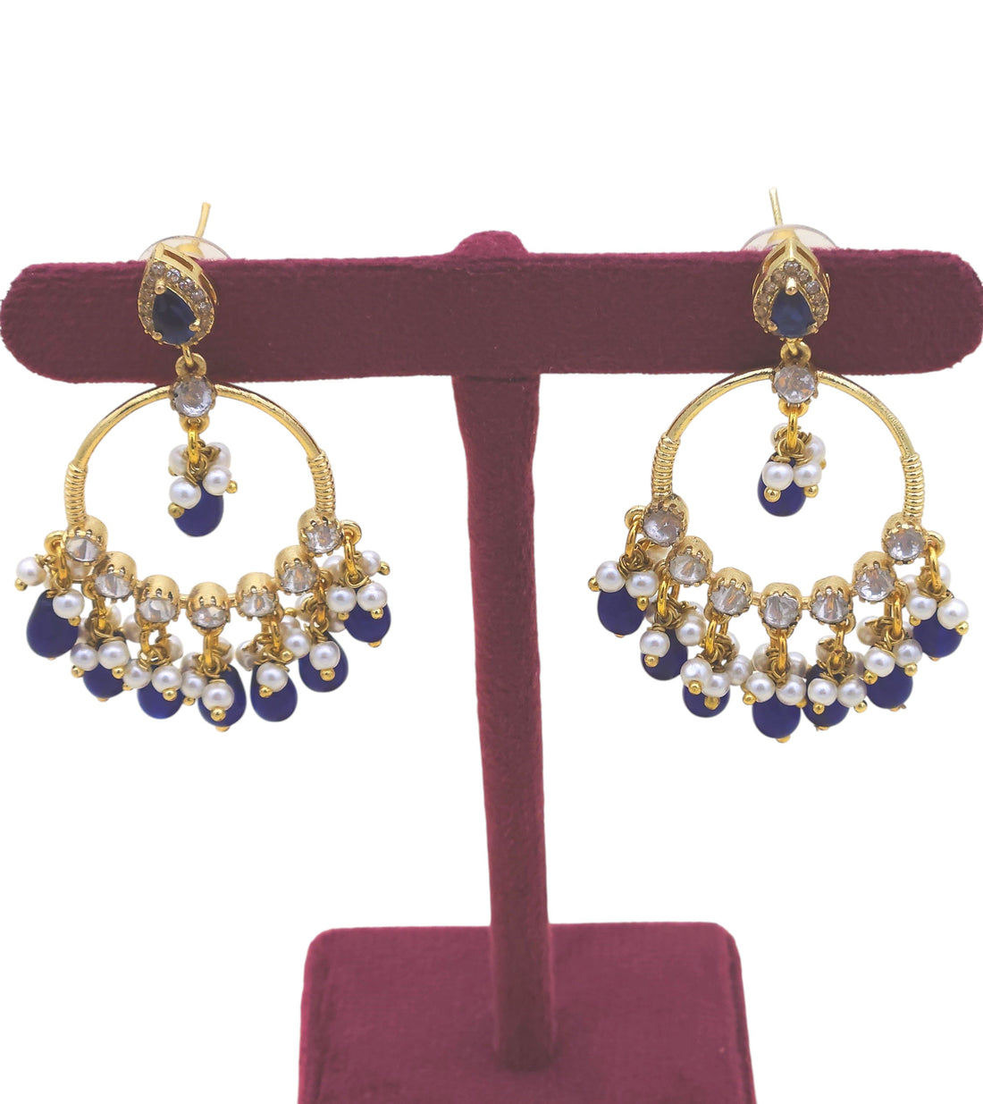 Elegant Antique Gold AD-Moissanite-Blue Hydro Quartz-Blue Jade Beads-Pearl Light Weight Dangle Earring