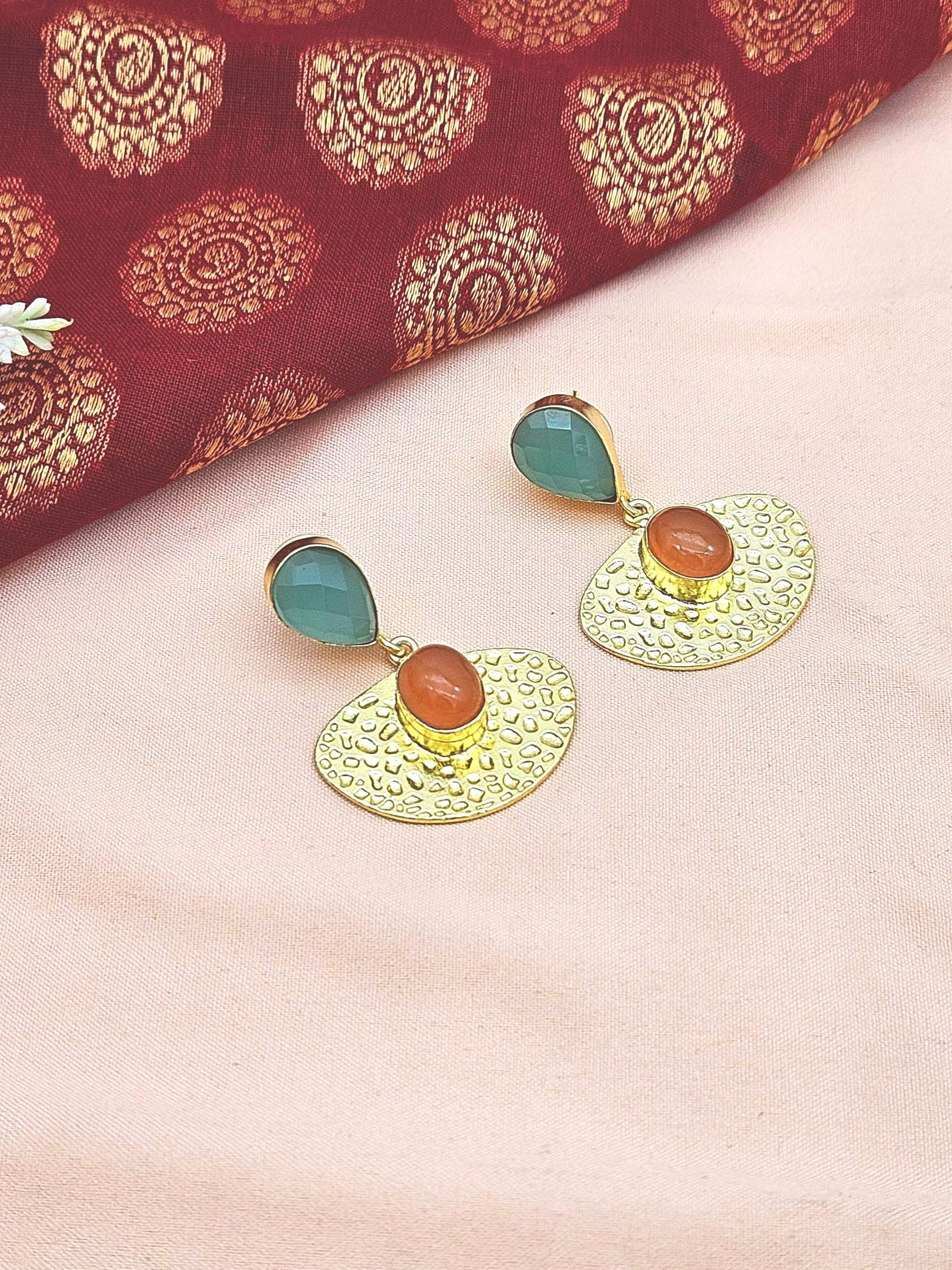 Amazing Gold plated Chalcedony-Carnelian Gem Stone light weight Dangle Drop Earrings