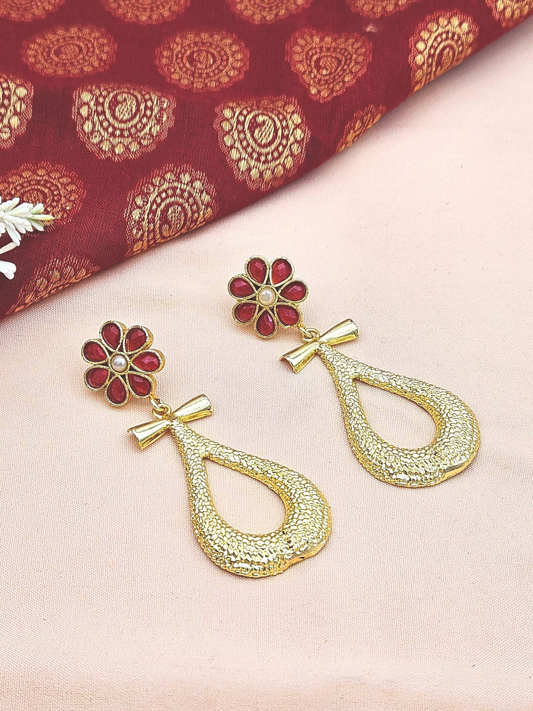 Gorgeous Gold plated Red Imitation-Pearl Floral Designer Dangle Drop Earrings