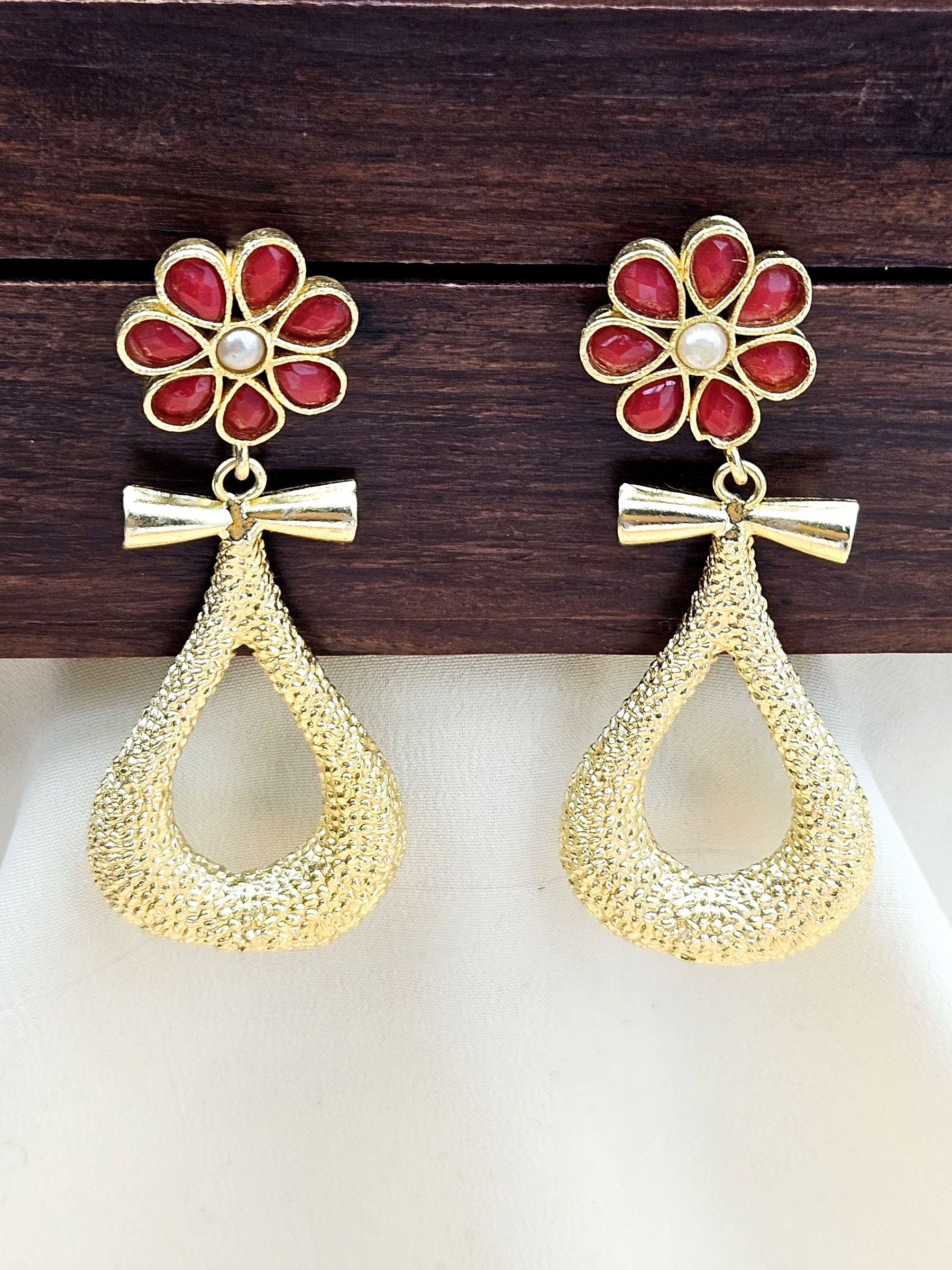 Gorgeous Gold plated Red Imitation-Pearl Floral Designer Dangle Drop Earrings