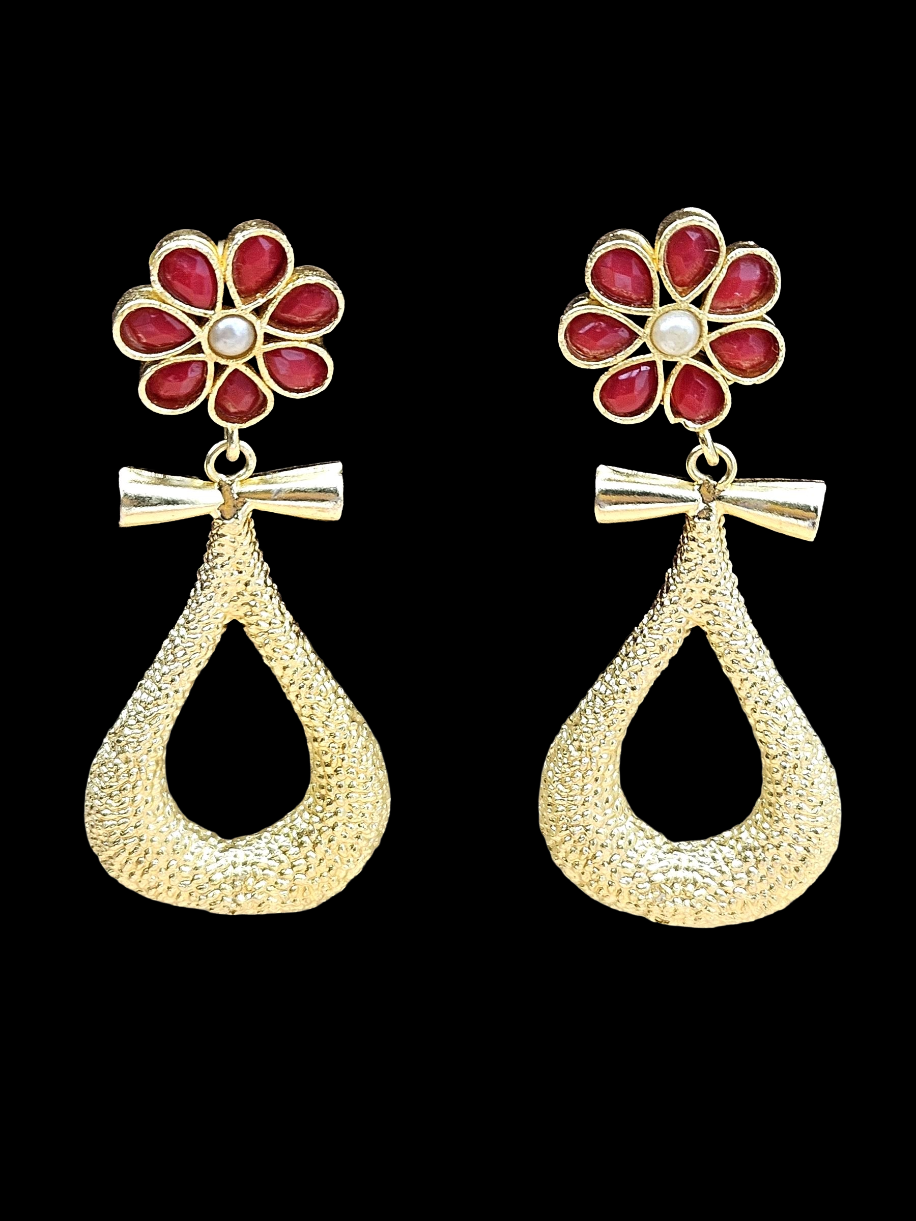 Gorgeous Gold plated Red Imitation-Pearl Floral Designer Dangle Drop Earrings