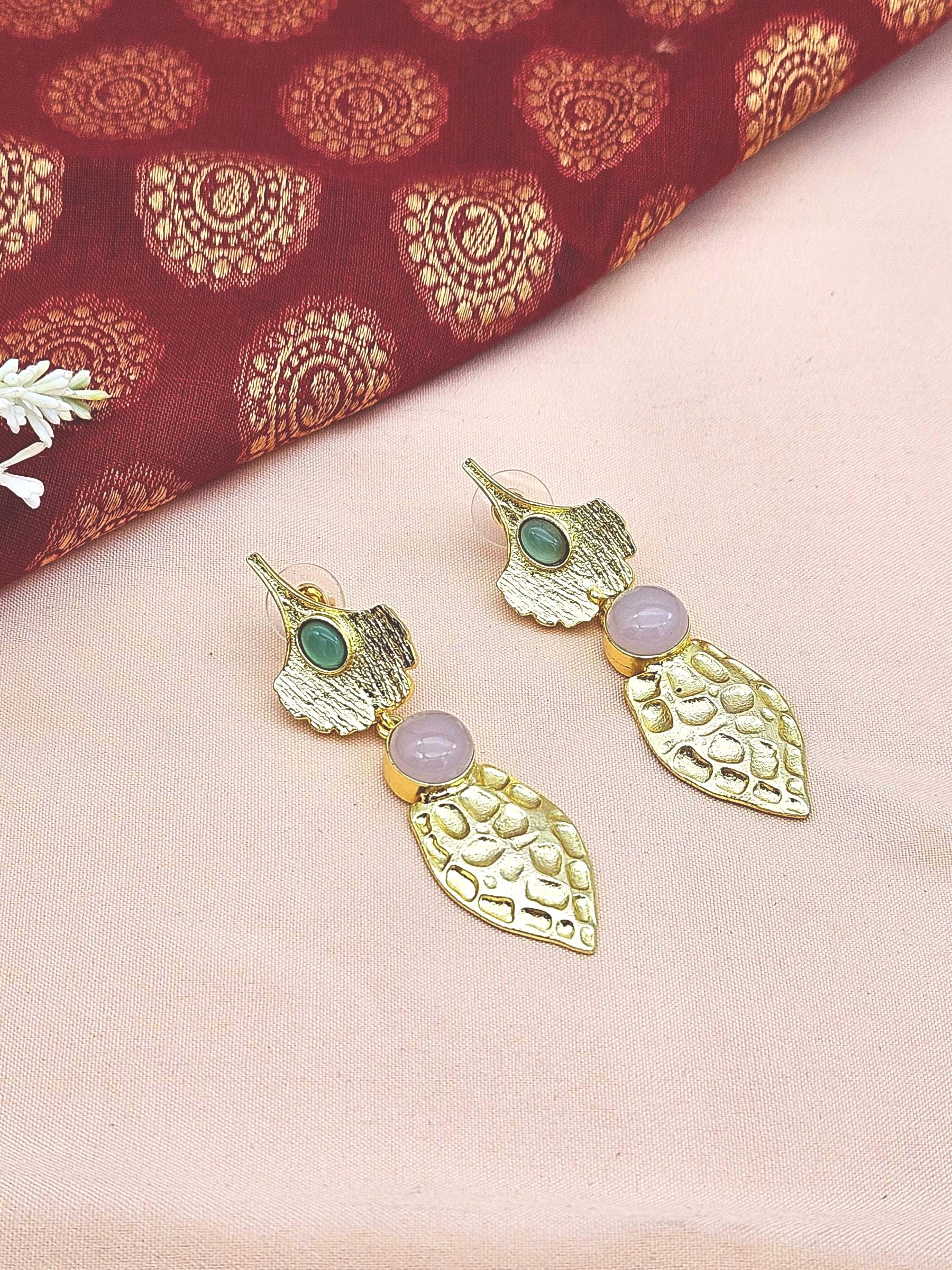 Gorgeous Gold plated Green Onyx-Rose Quartz Charming Designer Dangle Drop Earrings