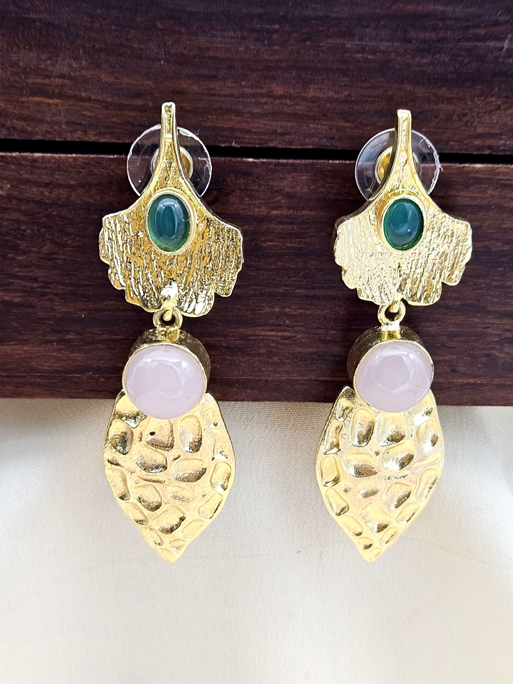 Gorgeous Gold plated Green Onyx-Rose Quartz Charming Designer Dangle Drop Earrings