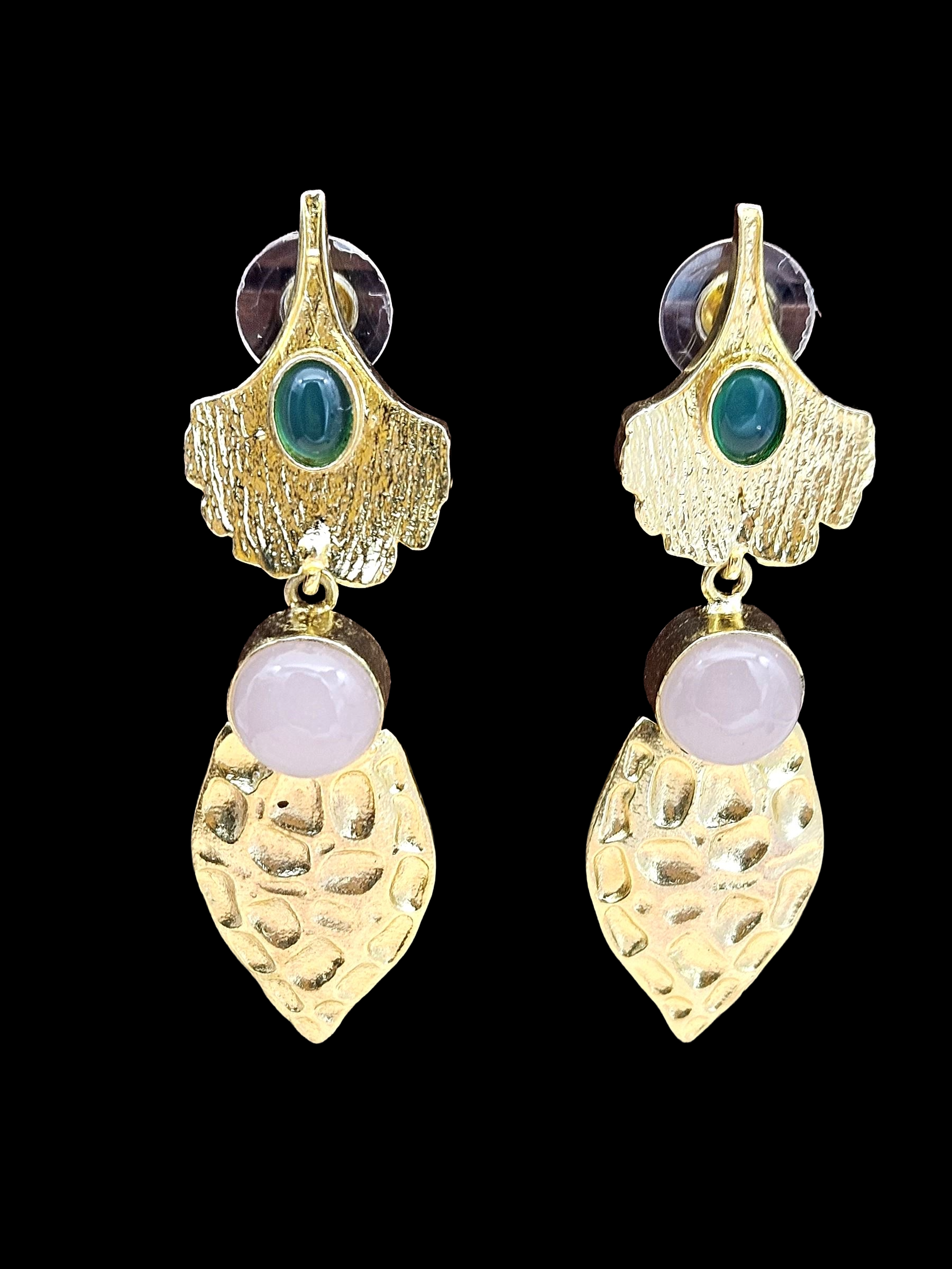 Gorgeous Gold plated Green Onyx-Rose Quartz Charming Designer Dangle Drop Earrings