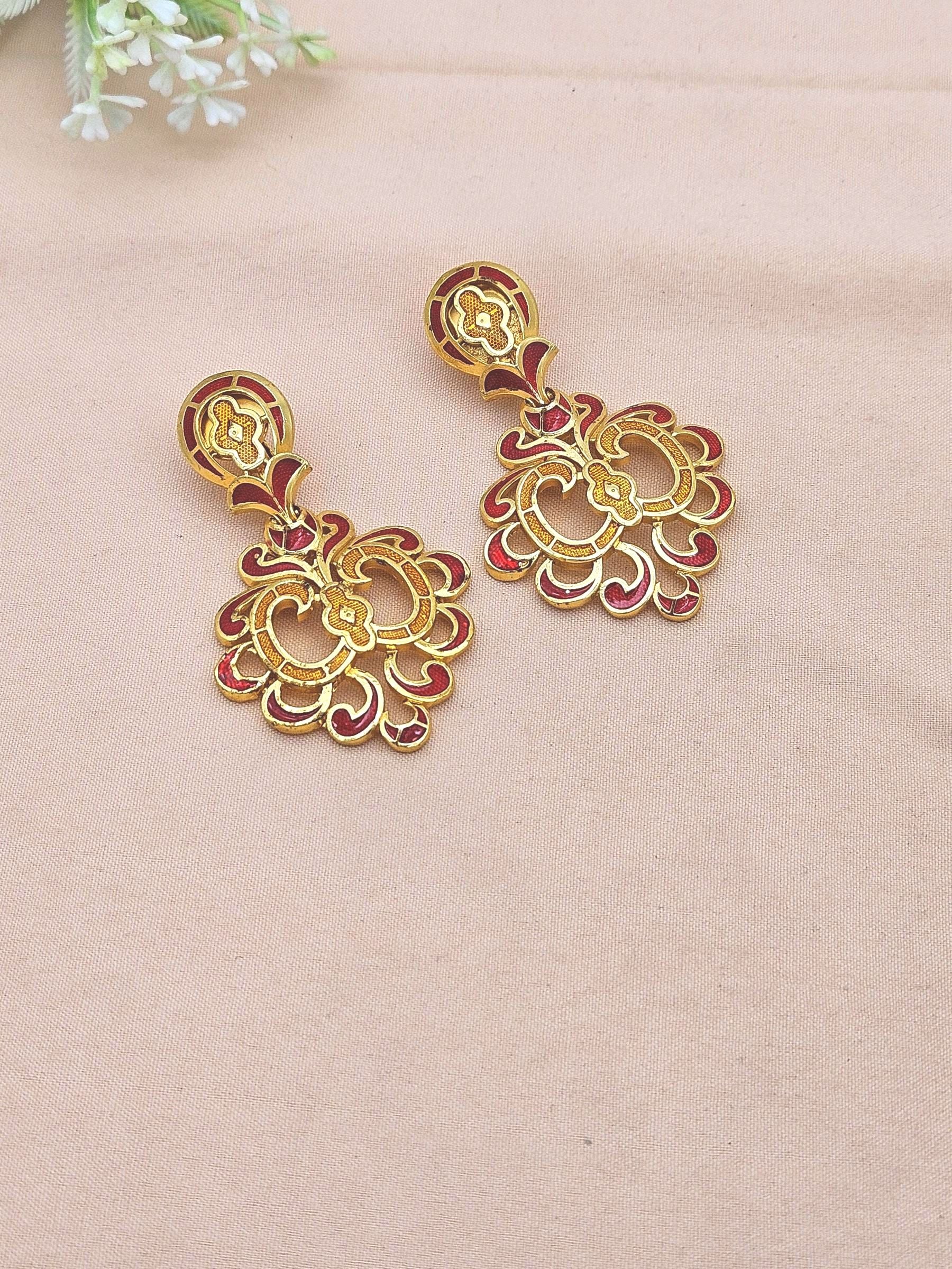 Gold Plated Brass Dangle Earrings – Red Yellow Enamel Floral Design Handcrafted Jewelry