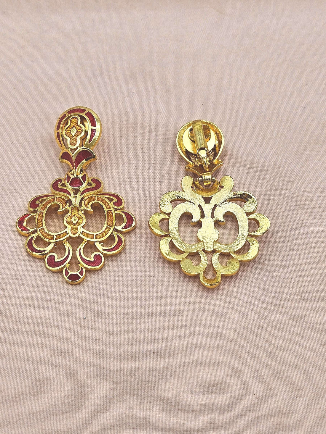 Gold Plated Brass Dangle Earrings – Red Yellow Enamel Floral Design Handcrafted Jewelry