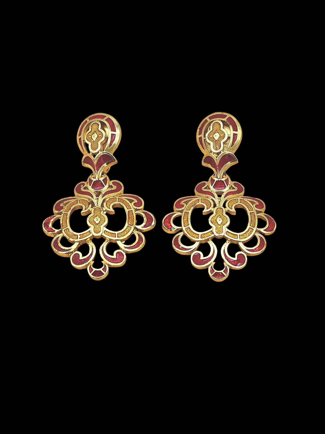 Gold Plated Brass Dangle Earrings – Red Yellow Enamel Floral Design Handcrafted Jewelry
