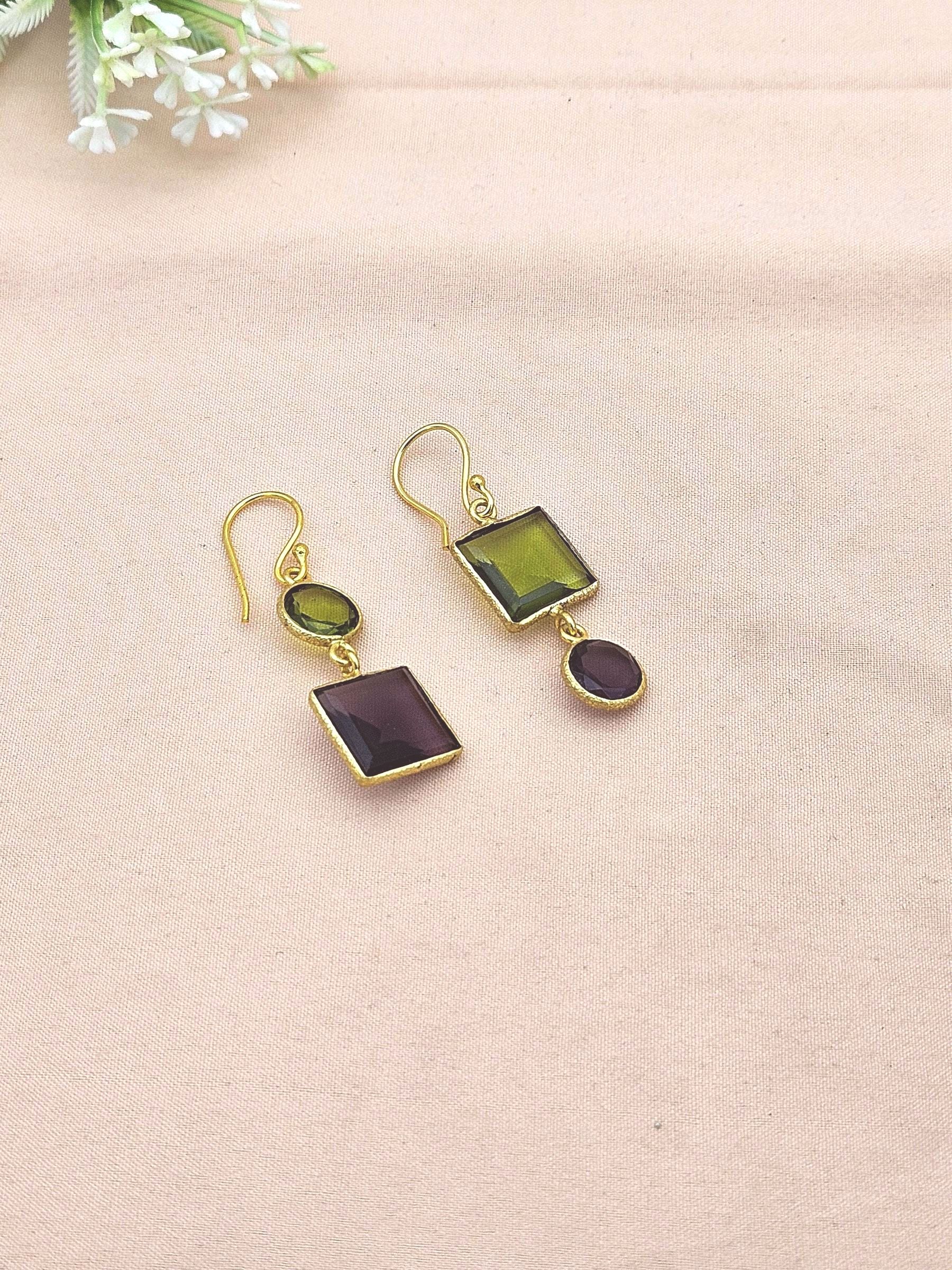 Gold Plated Brass Dangle Earrings – Imitation stone Handcrafted Jewelry