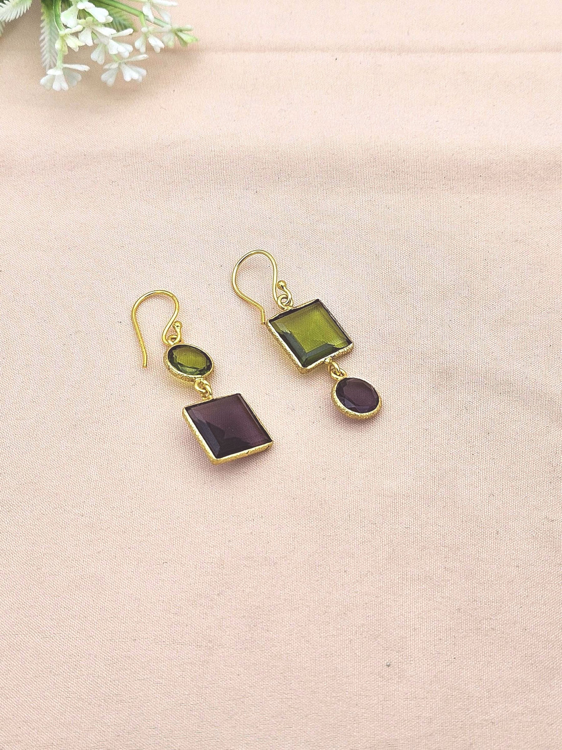 Gold Plated Brass Dangle Earrings – Imitation stone Handcrafted Jewelry