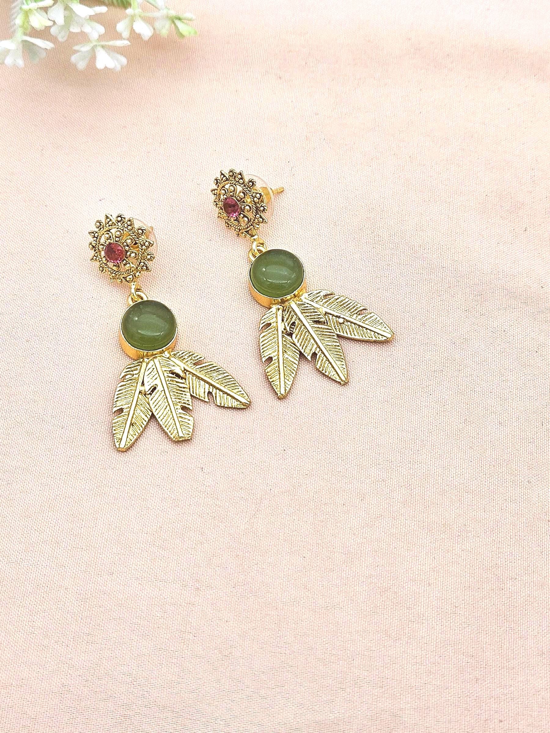 Gold Plated Brass Dangle Earrings – Semi Precious Gem Stone Handcrafted Jewelry