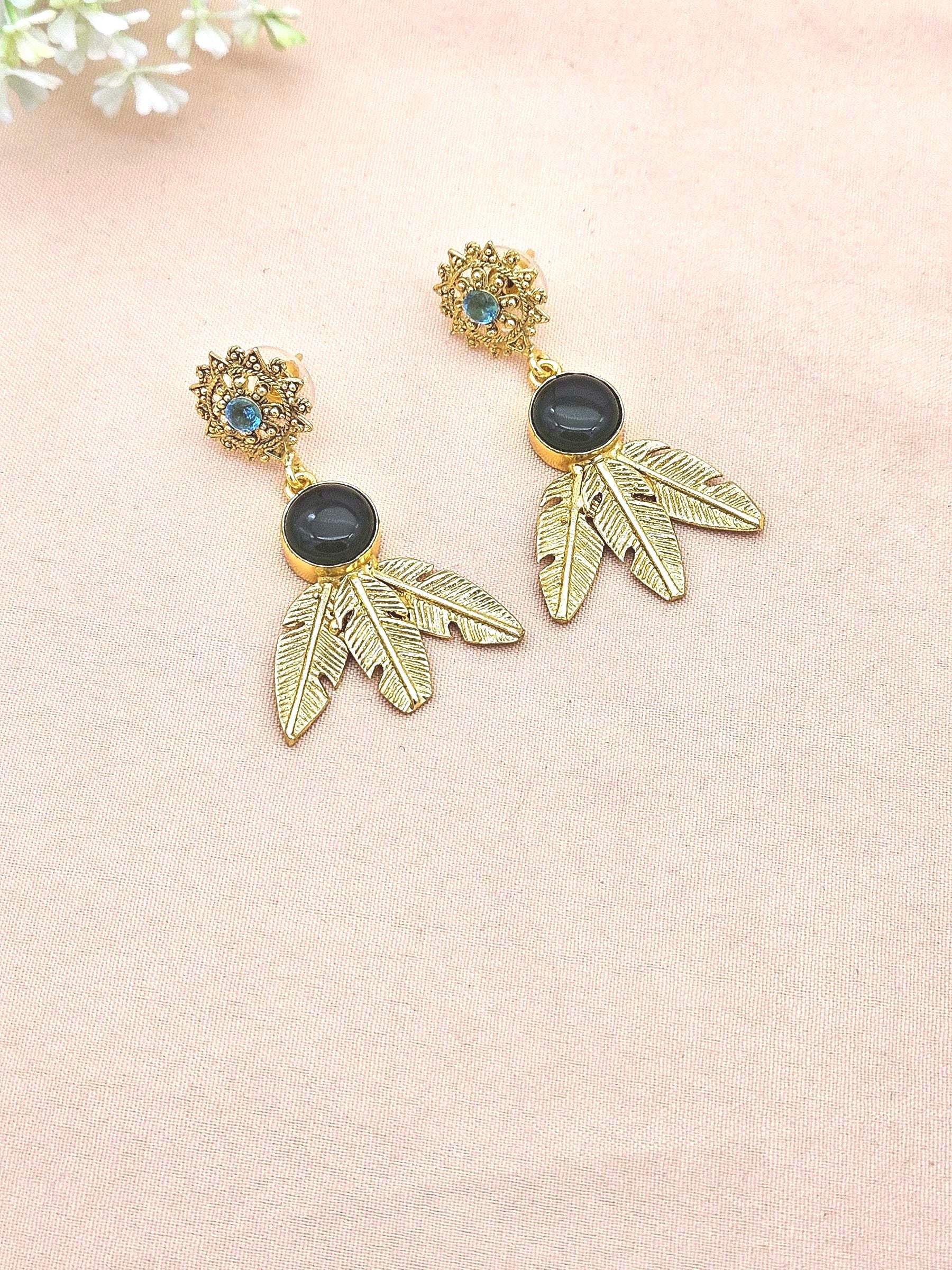 Gold Plated Brass Dangle Earrings – Semi Precious / Imitation Stone Handcrafted Jewelry