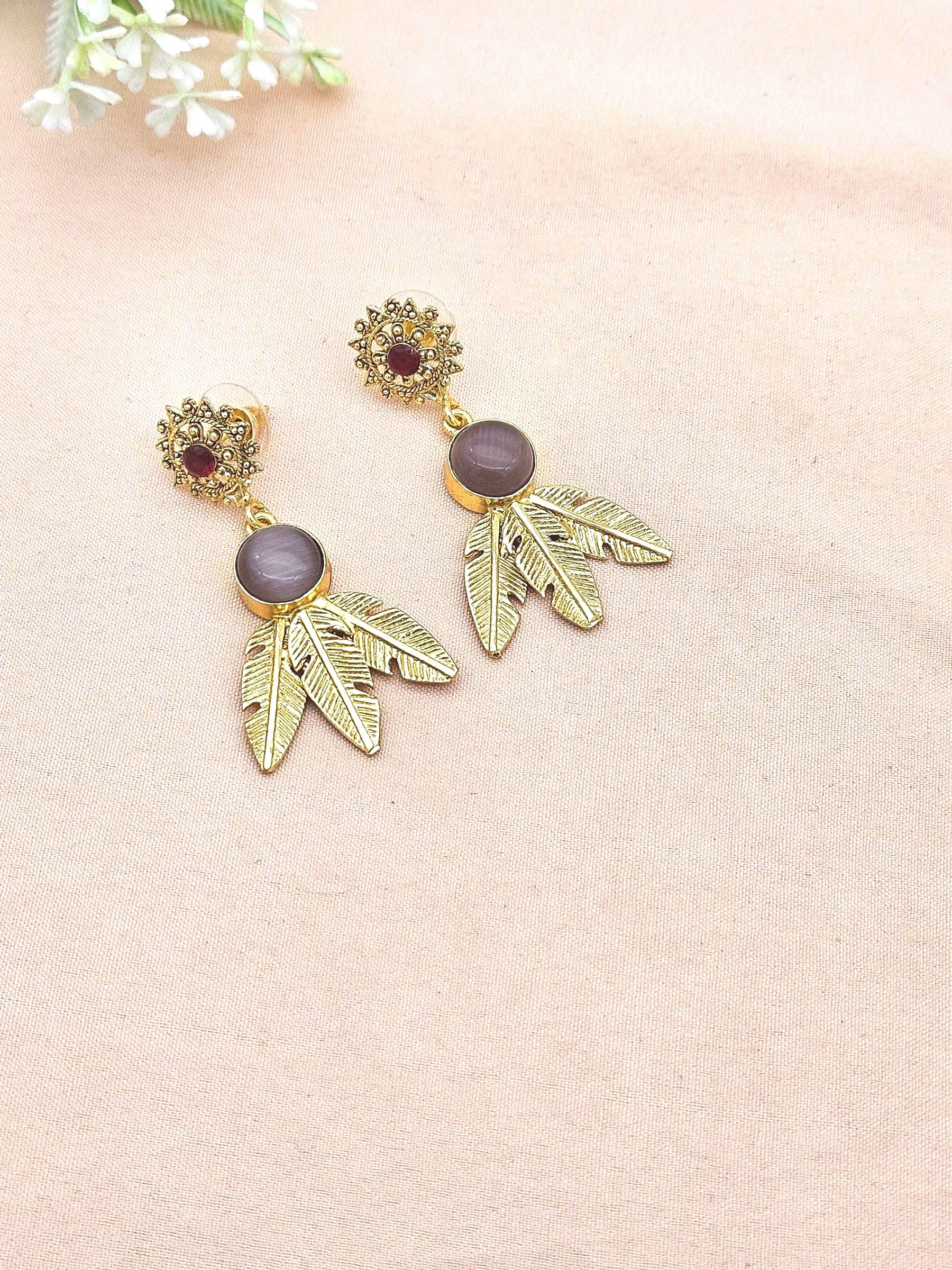 Gold Plated Brass Dangle Earrings – Semi Precious / Imitation Stone Handcrafted Jewelry