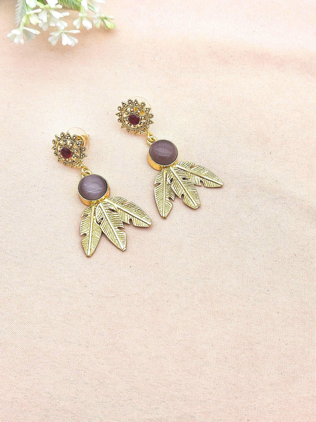 Gold Plated Brass Dangle Earrings – Semi Precious / Imitation Stone Handcrafted Jewelry