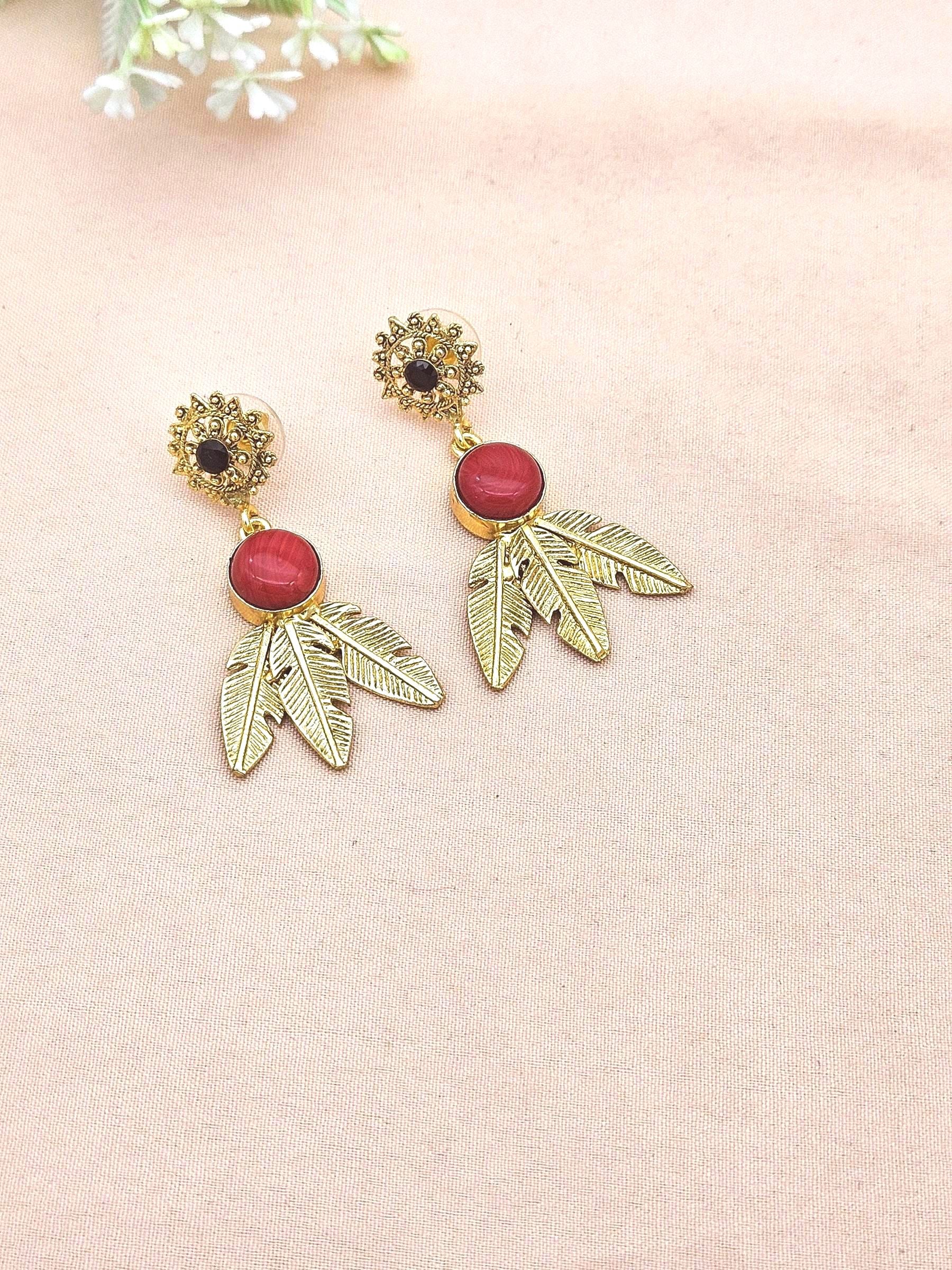 Gold Plated Brass Dangle Earrings –  Imitation Stone Handcrafted Jewelry