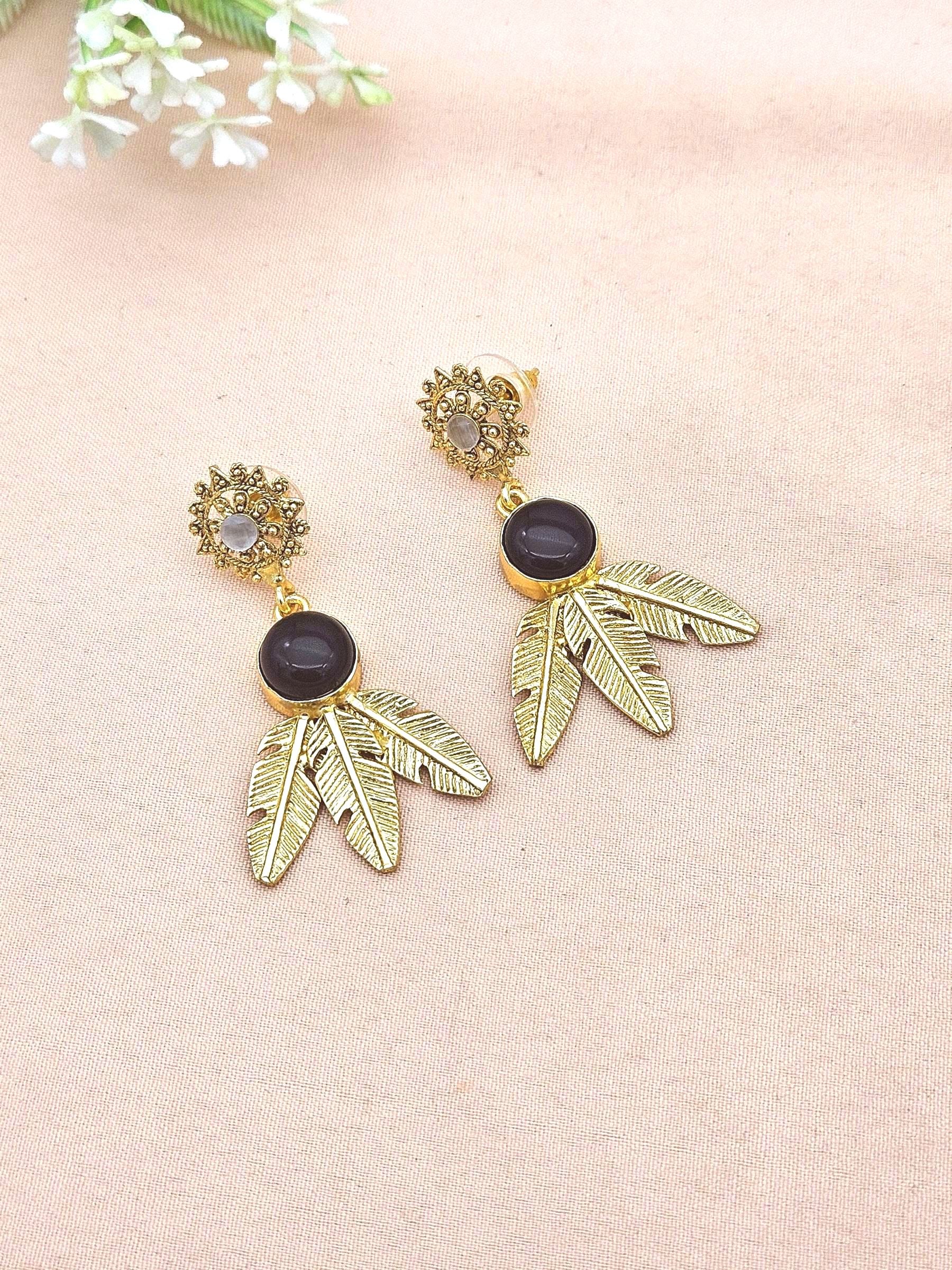 Gold Plated Brass Dangle Earrings –  Semi Precious/Imitation Stone Handcrafted Jewelry