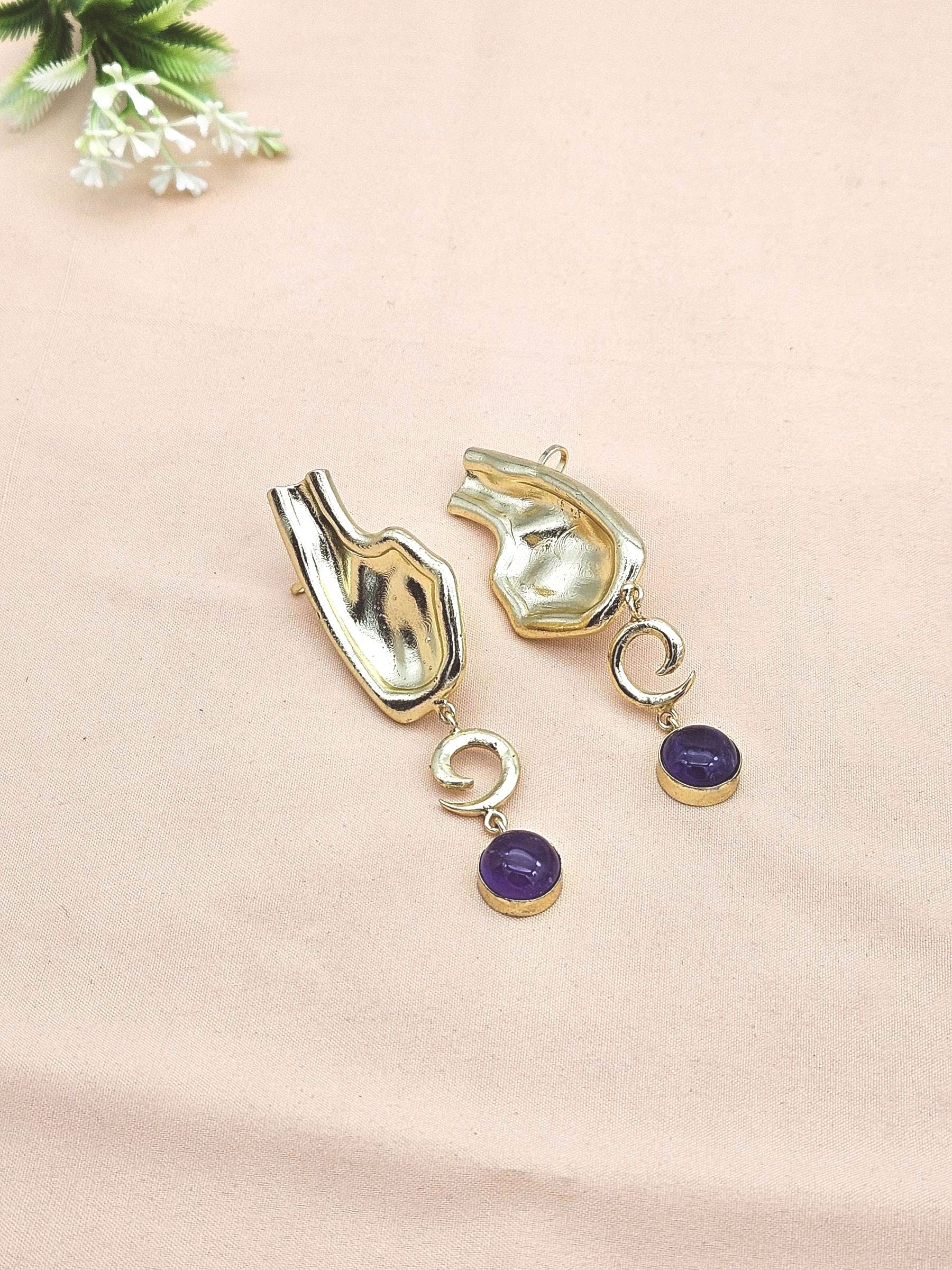 Charming 18 Ct Gold Plated Ear-Climber Earring - Amethyst Gemstone Handcrafted Jewelry