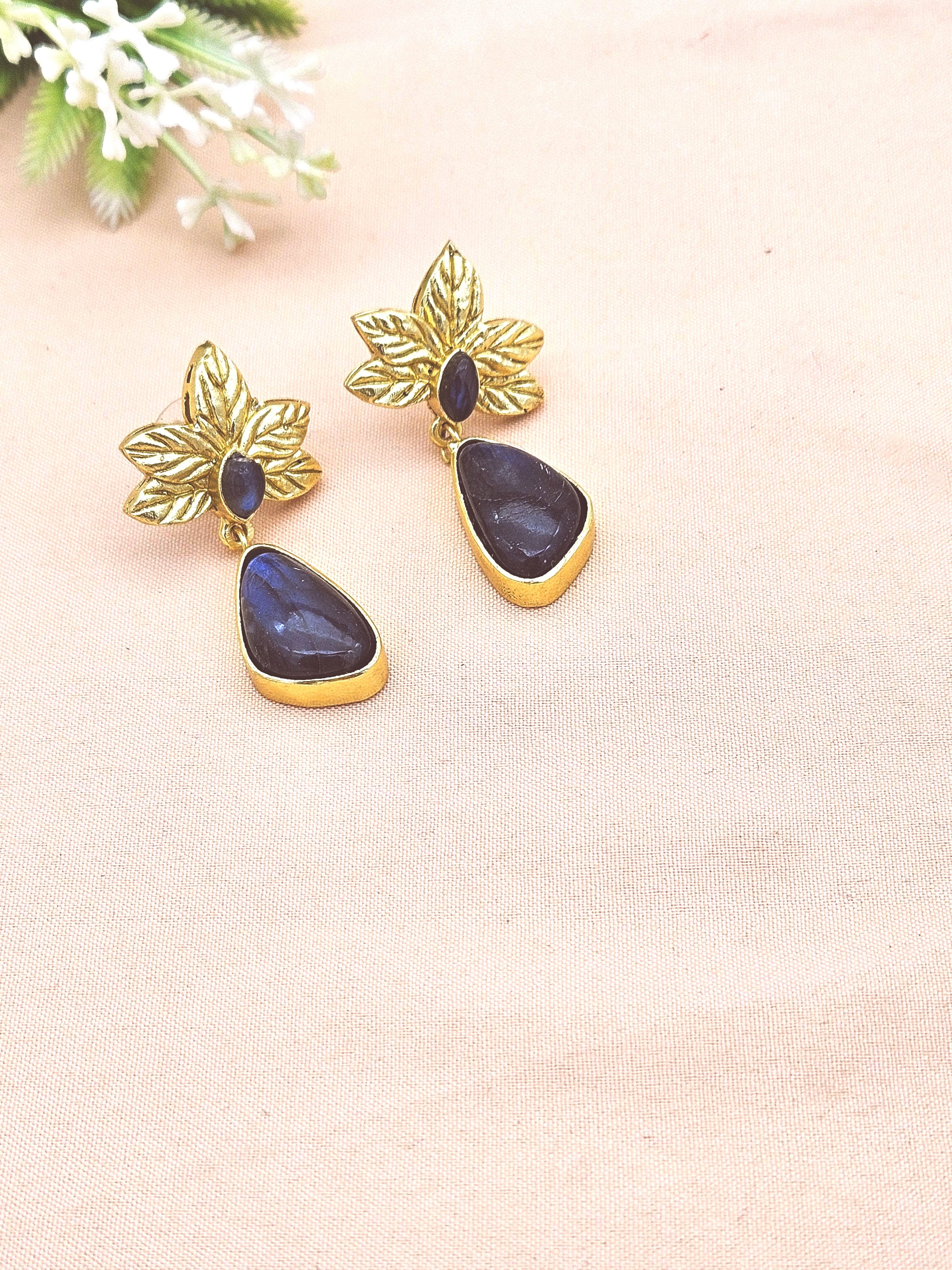 Gold Plated Fine Labradorite Leaf Earrings | Handcrafted Designer Dangle Earrings for Women