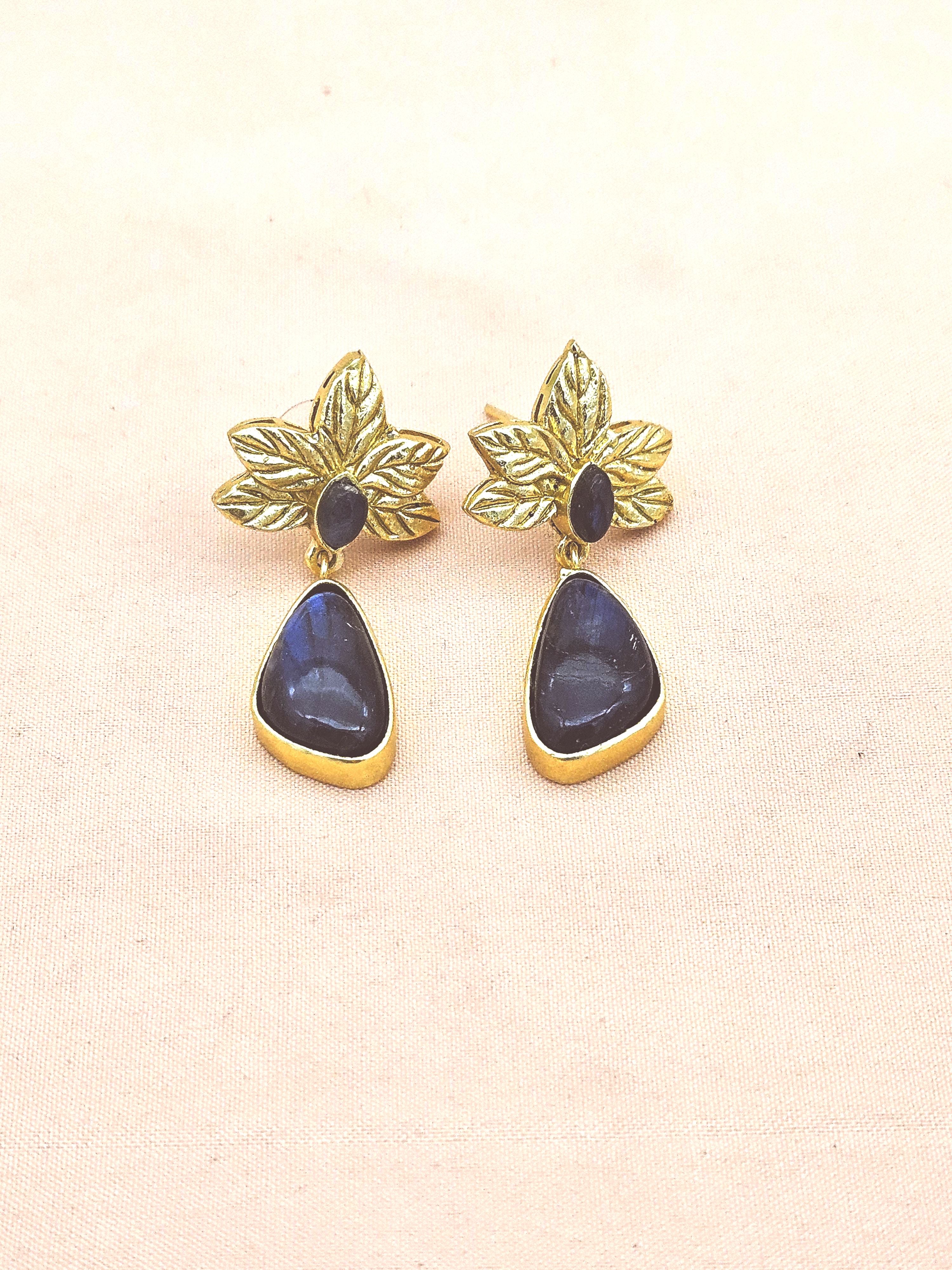 Gold Plated Fine Labradorite Leaf Earrings | Handcrafted Designer Dangle Earrings for Women