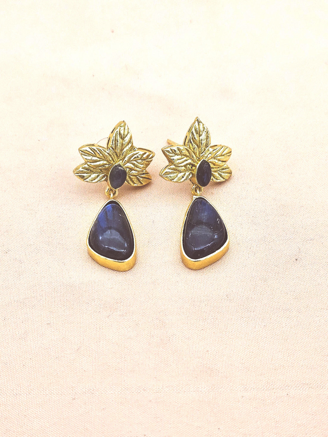 Gold Plated Fine Labradorite Leaf Earrings | Handcrafted Designer Dangle Earrings for Women
