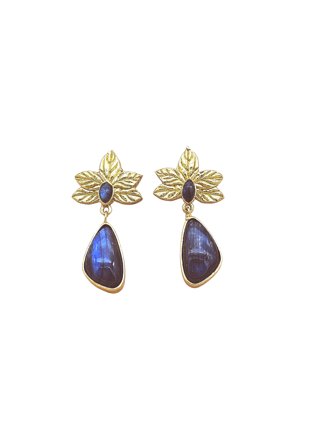 Gold Plated Fine Labradorite Leaf Earrings | Handcrafted Designer Dangle Earrings for Women