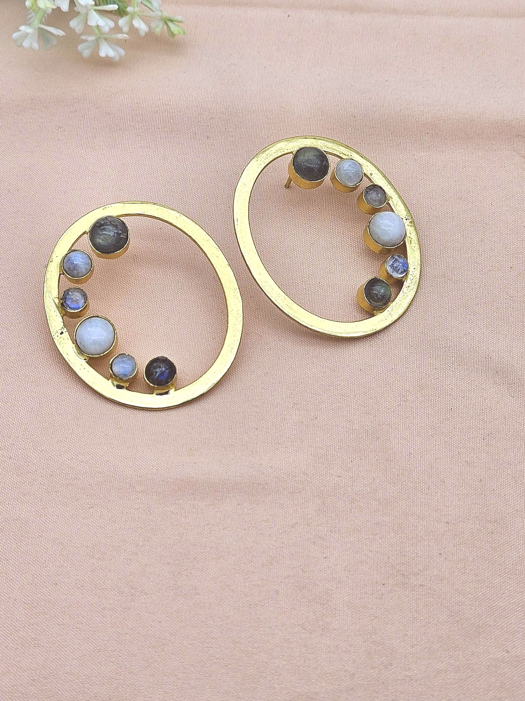Gold Plated Brass Hoop Earrings –Semi Precious Gem stone Handcrafted Jewelry