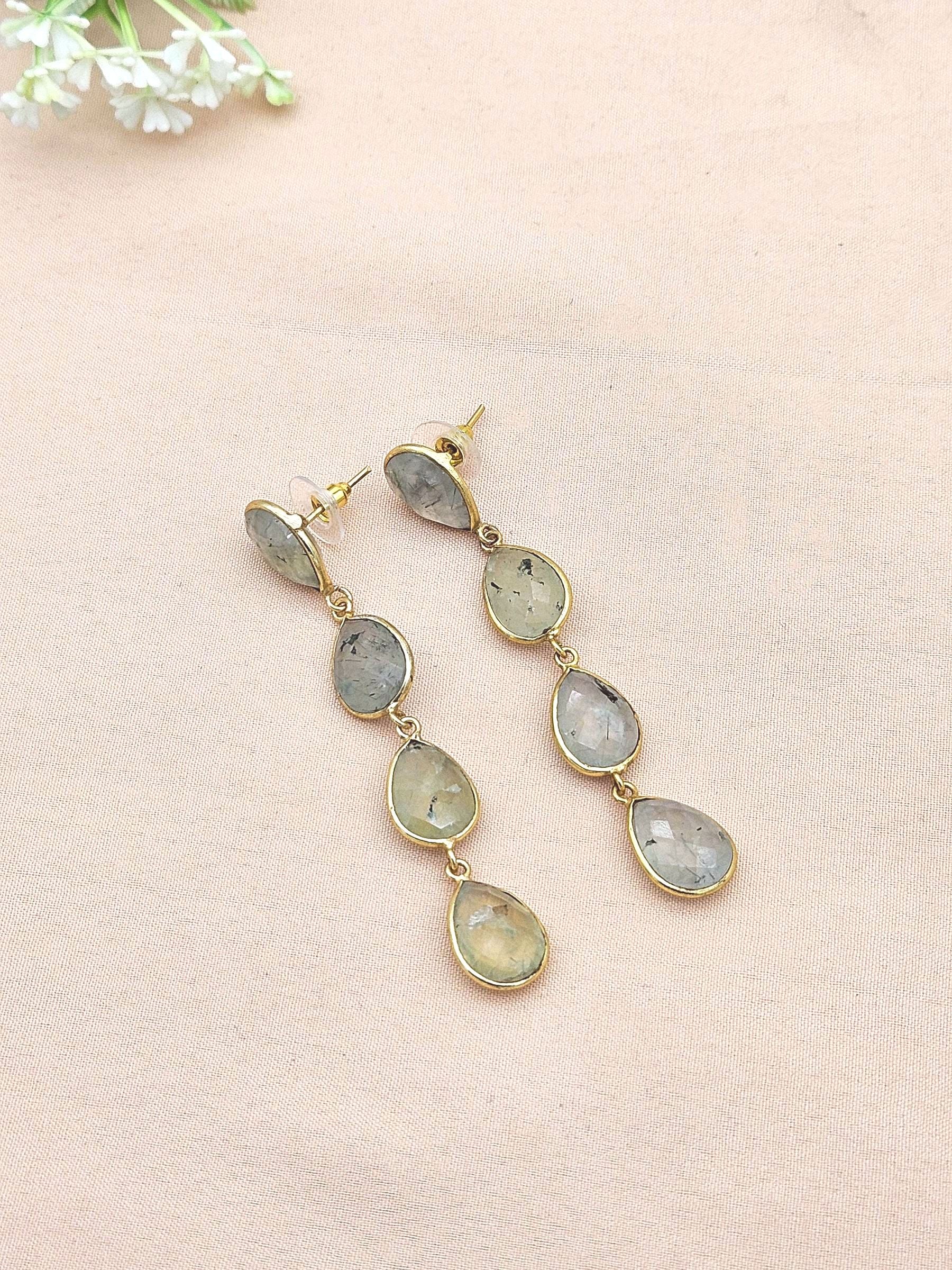 Amazing Gold Plated Fine Prehnite Bezel Setting Designer Light Weight Long Dangle Drop Earrings