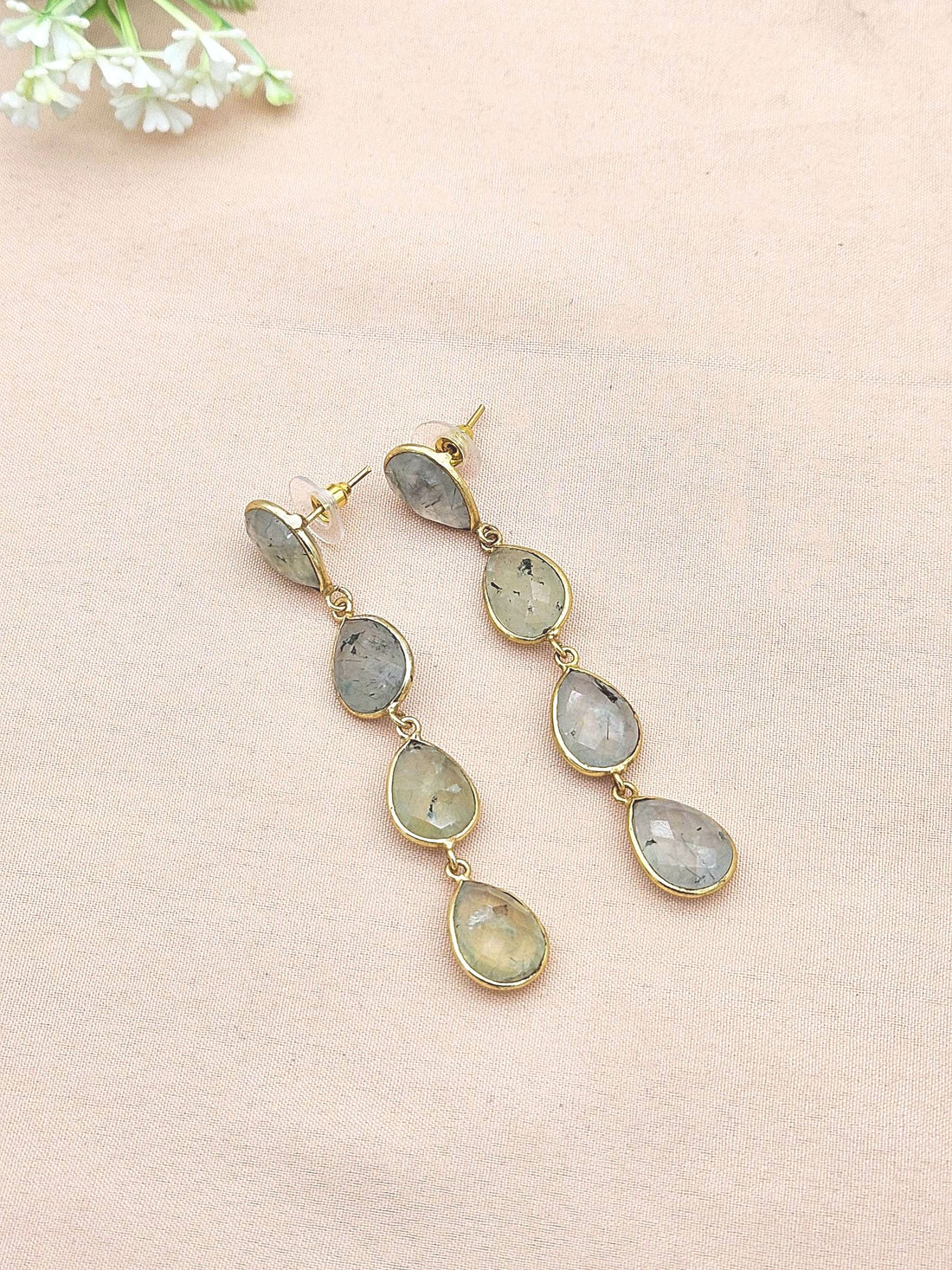Amazing Gold Plated Fine Prehnite Bezel Setting Designer Light Weight Long Dangle Drop Earrings