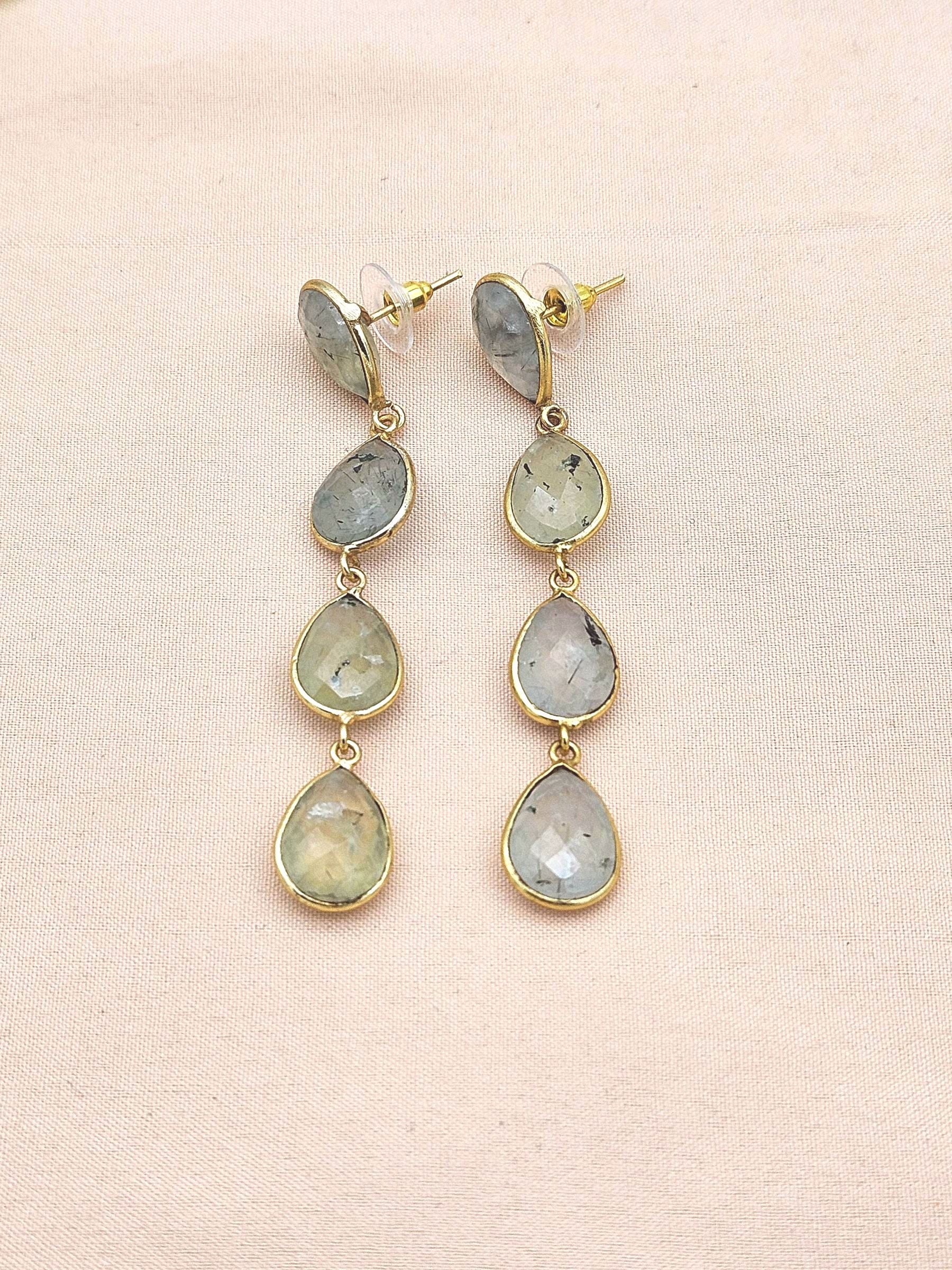Amazing Gold Plated Fine Prehnite Bezel Setting Designer Light Weight Long Dangle Drop Earrings