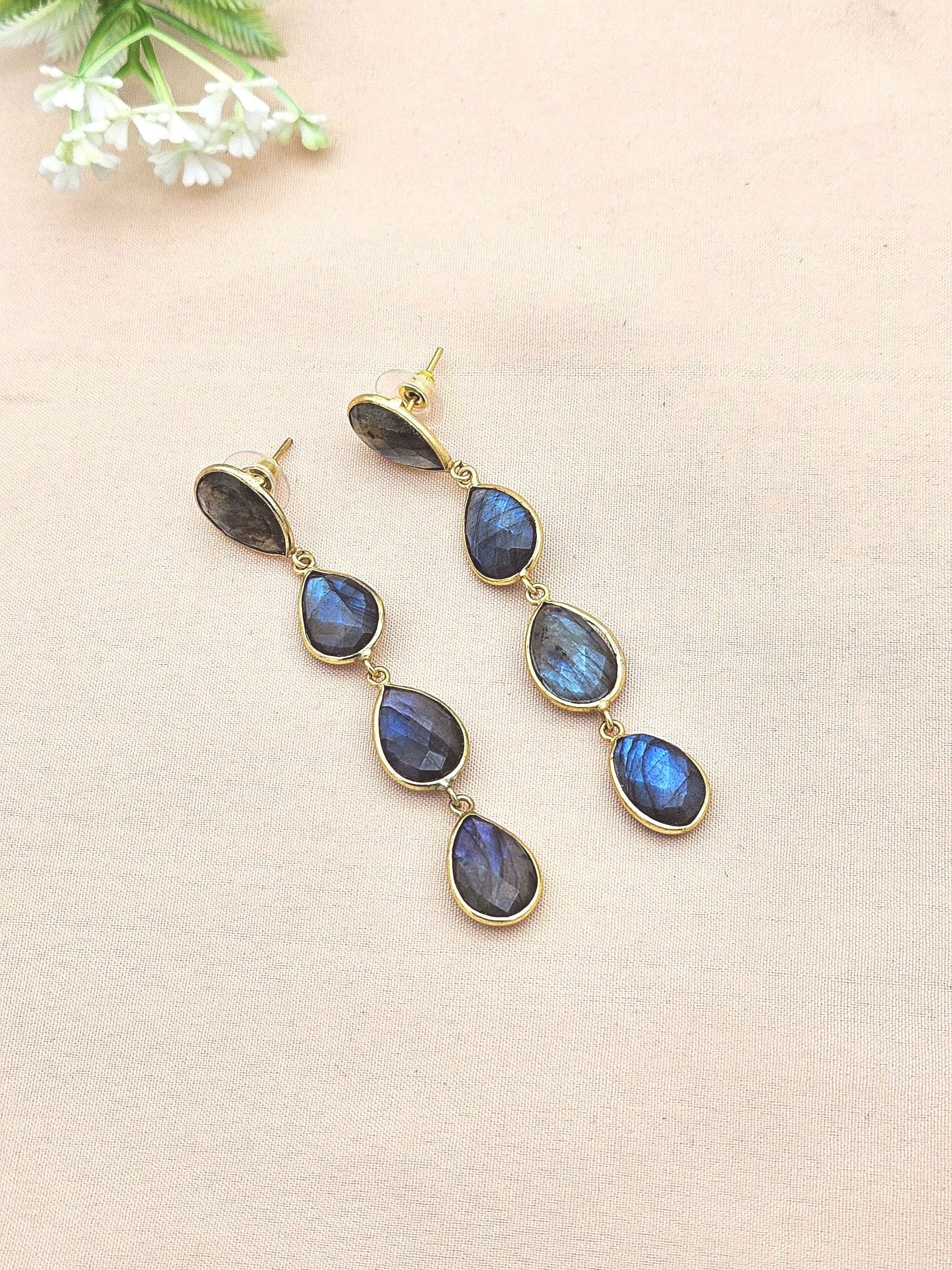 Amazing Gold Plated Fine Labradorite Bezel Setting Designer Light Weight Long Dangle Drop Earrings