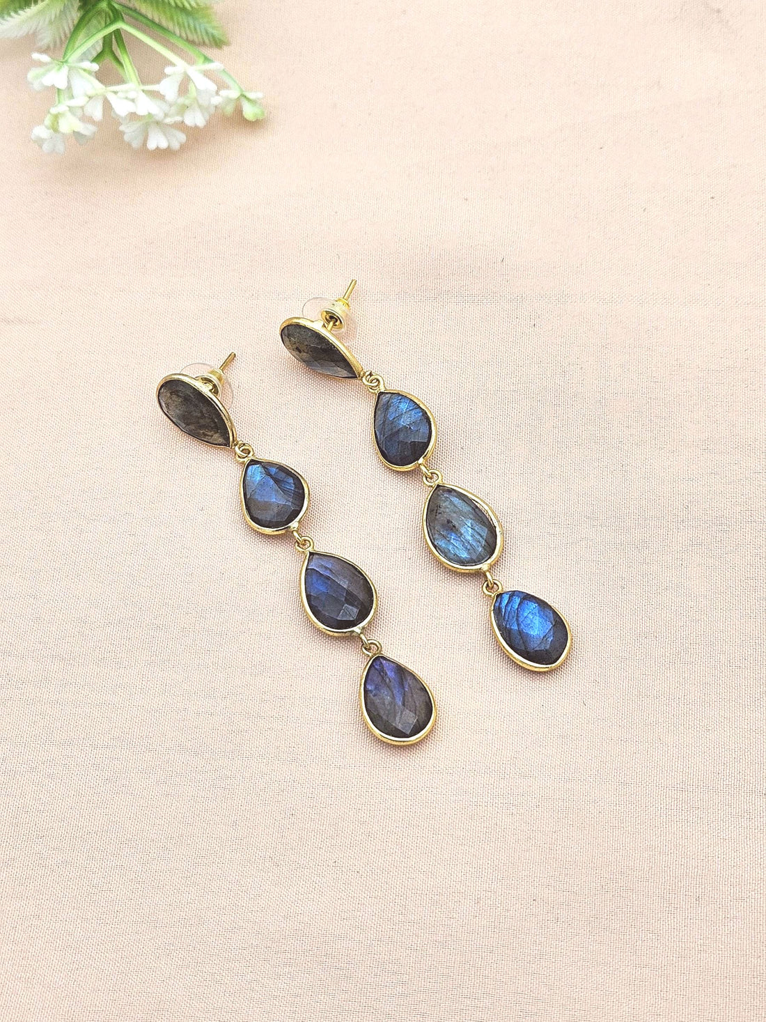 Amazing Gold Plated Fine Labradorite Bezel Setting Designer Light Weight Long Dangle Drop Earrings