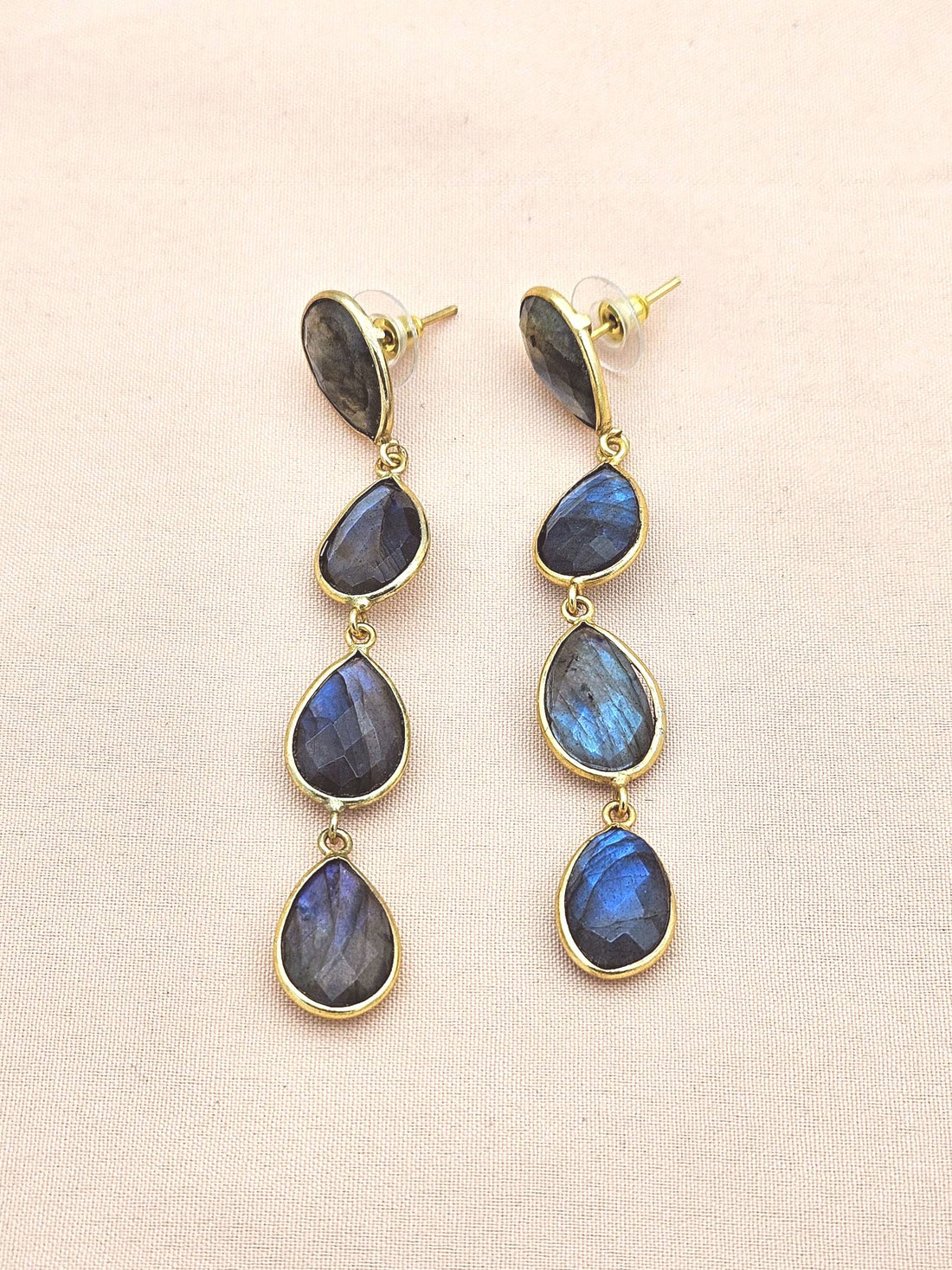 Amazing Gold Plated Fine Labradorite Bezel Setting Designer Light Weight Long Dangle Drop Earrings