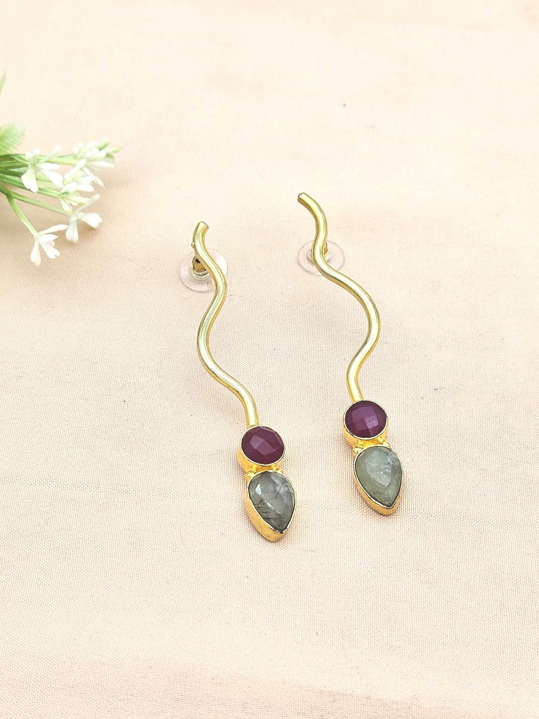 Amazing Gold plated Yellow Chalcedony-Blue Beryl Gem Stone Designer light Weight Statement Earrings