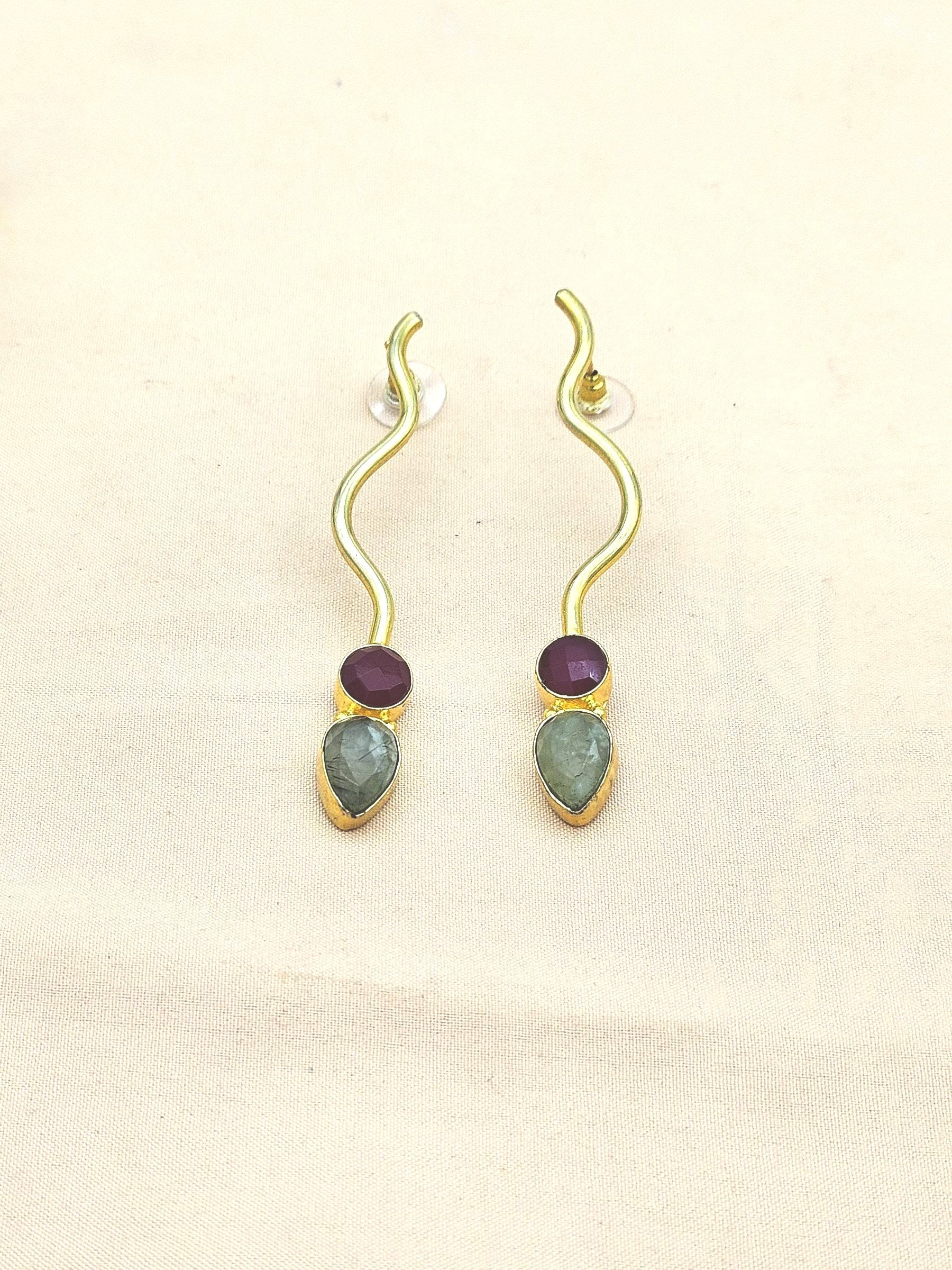 Amazing Gold plated Yellow Chalcedony-Blue Beryl Gem Stone Designer light Weight Statement Earrings