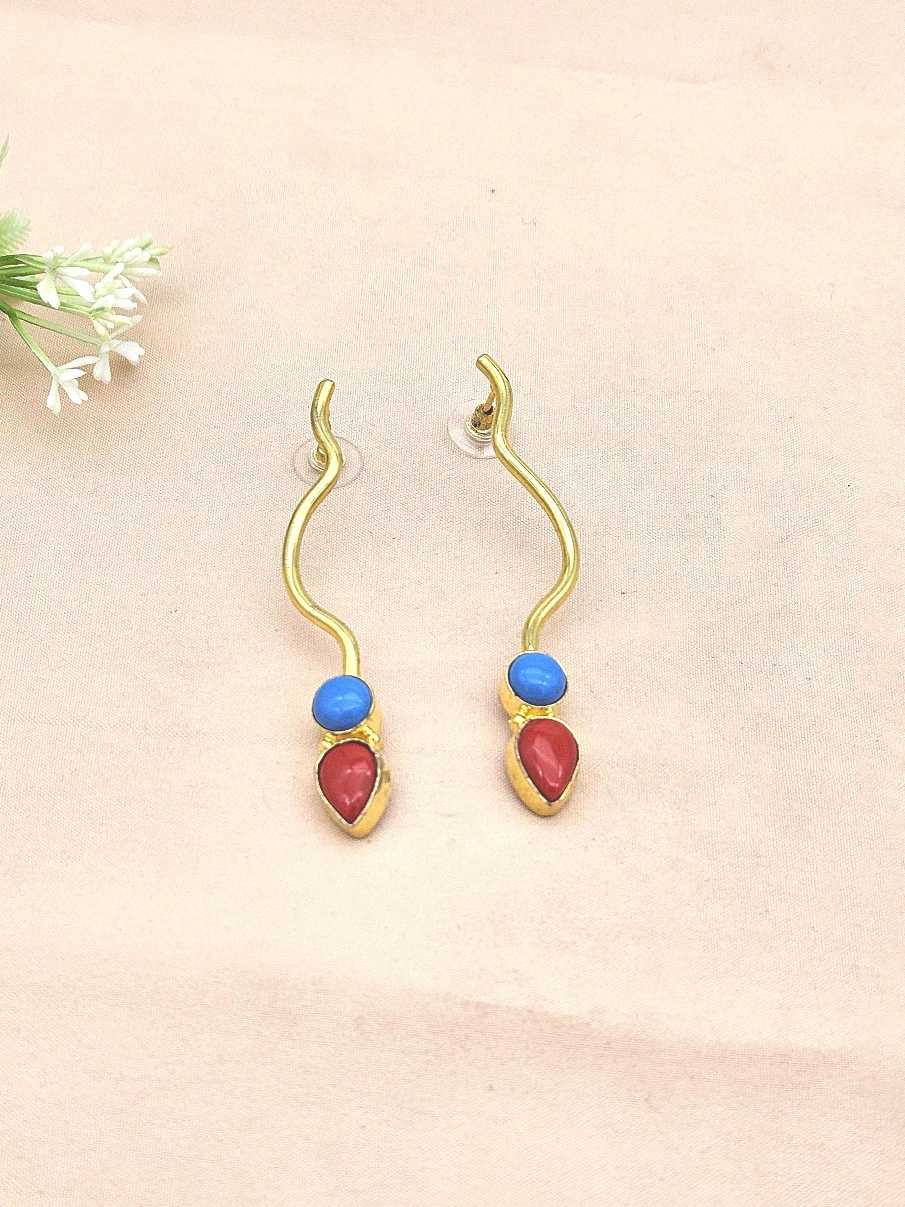Amazing Gold plated Coral-Turquoise Stone Designer light Weight Statement Earrings
