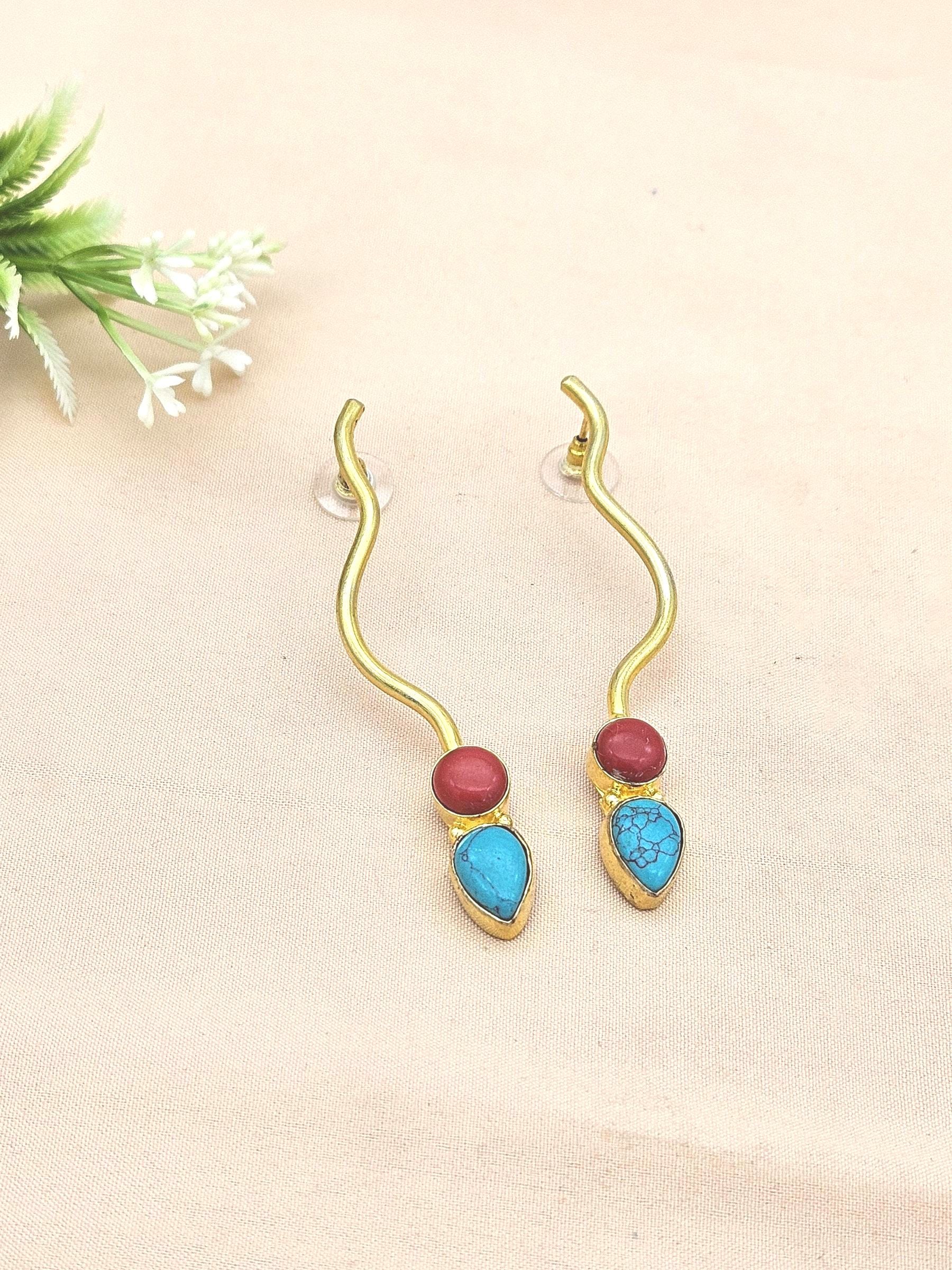 Amazing Gold plated Turquoise-Coral Stone Designer light Weight Statement Earrings