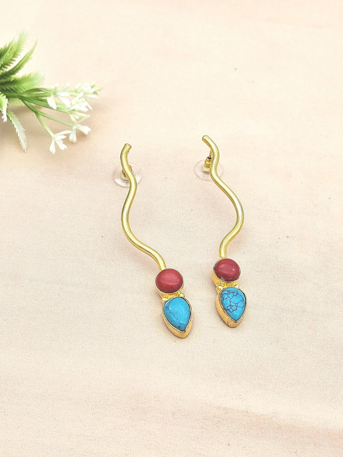 Amazing Gold plated Turquoise-Coral Stone Designer light Weight Statement Earrings