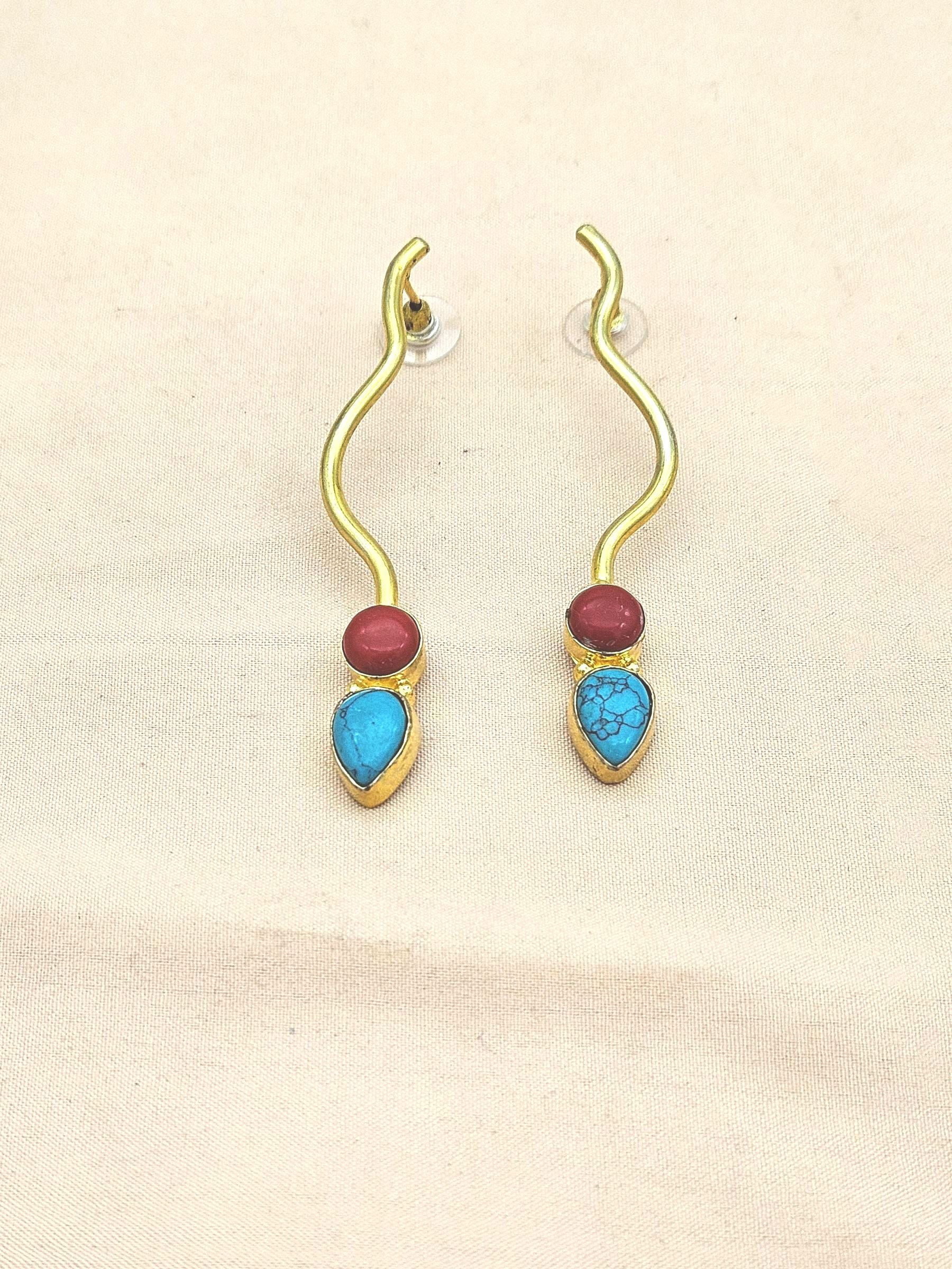 Amazing Gold plated Turquoise-Coral Stone Designer light Weight Statement Earrings