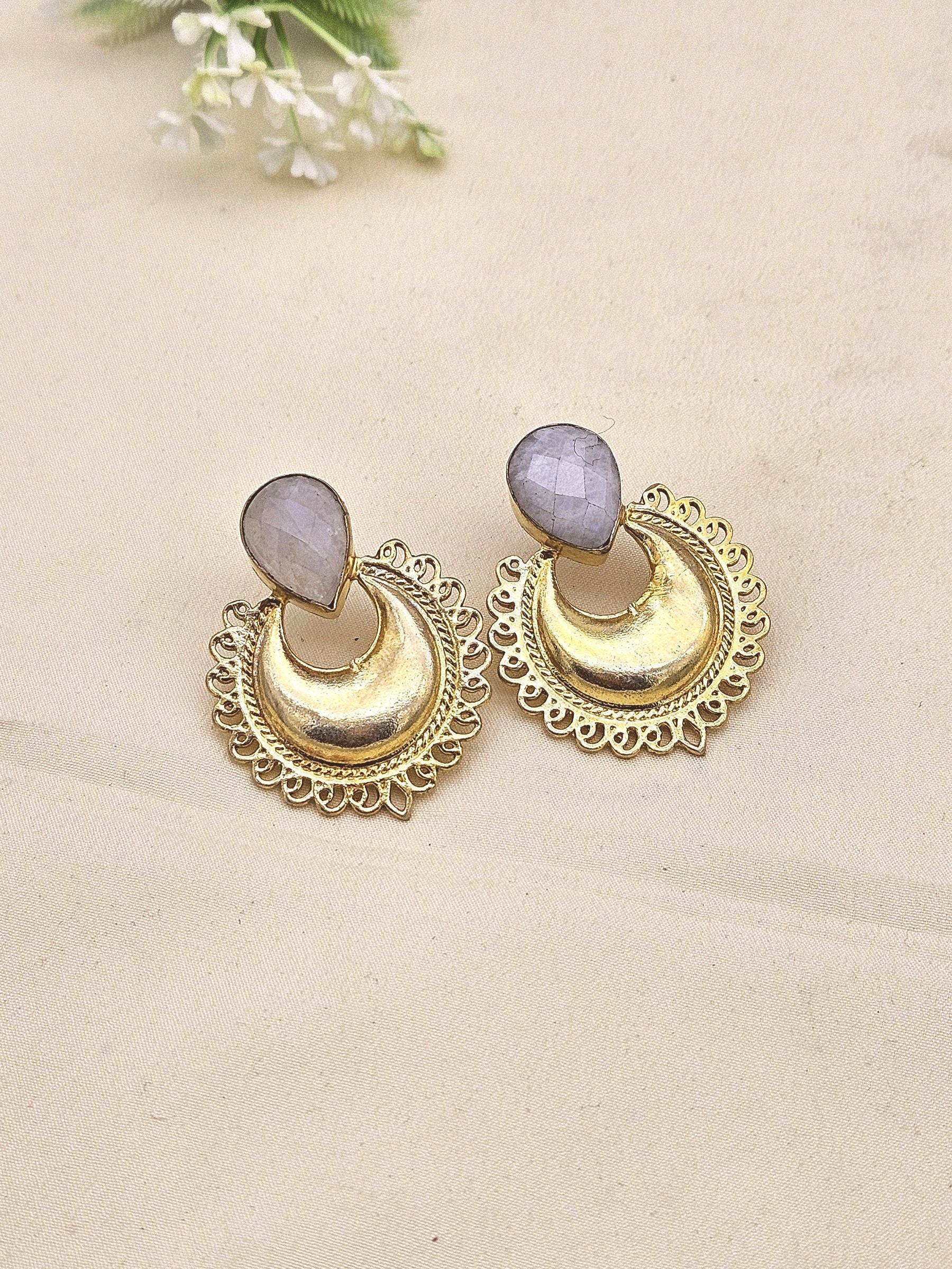 Artistic Gold plated Semi Precious Stone beautiful designer Statement Earrings