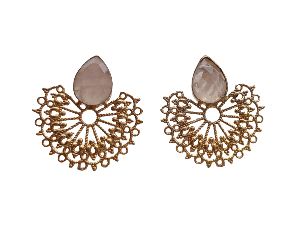 Gorgeous Gold plated Faceted Rose Quartz Stone light Weight Floral Designer Statement Earrings