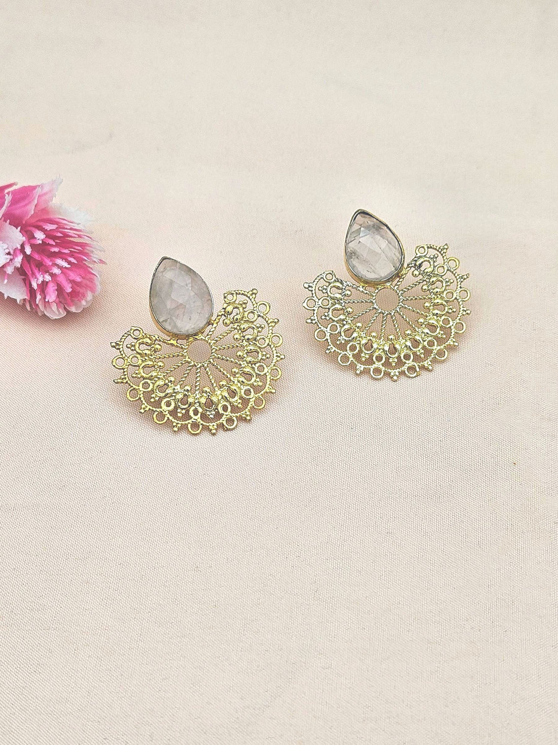 Gorgeous Gold plated Faceted Rose Quartz Stone light Weight Floral Designer Statement Earrings