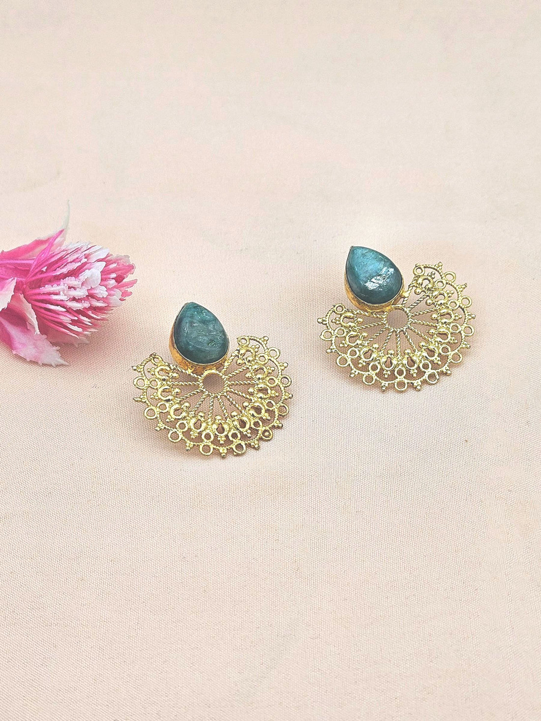 Gorgeous Gold plated Amazonite Cab. Stone light Weight Floral Designer Statement Earrings