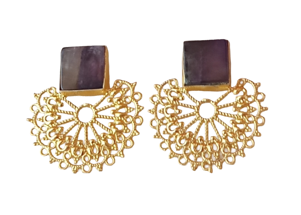 Gorgeous Gold plated Amethyst Choky Stone light Weight Floral Designer Statement Earrings