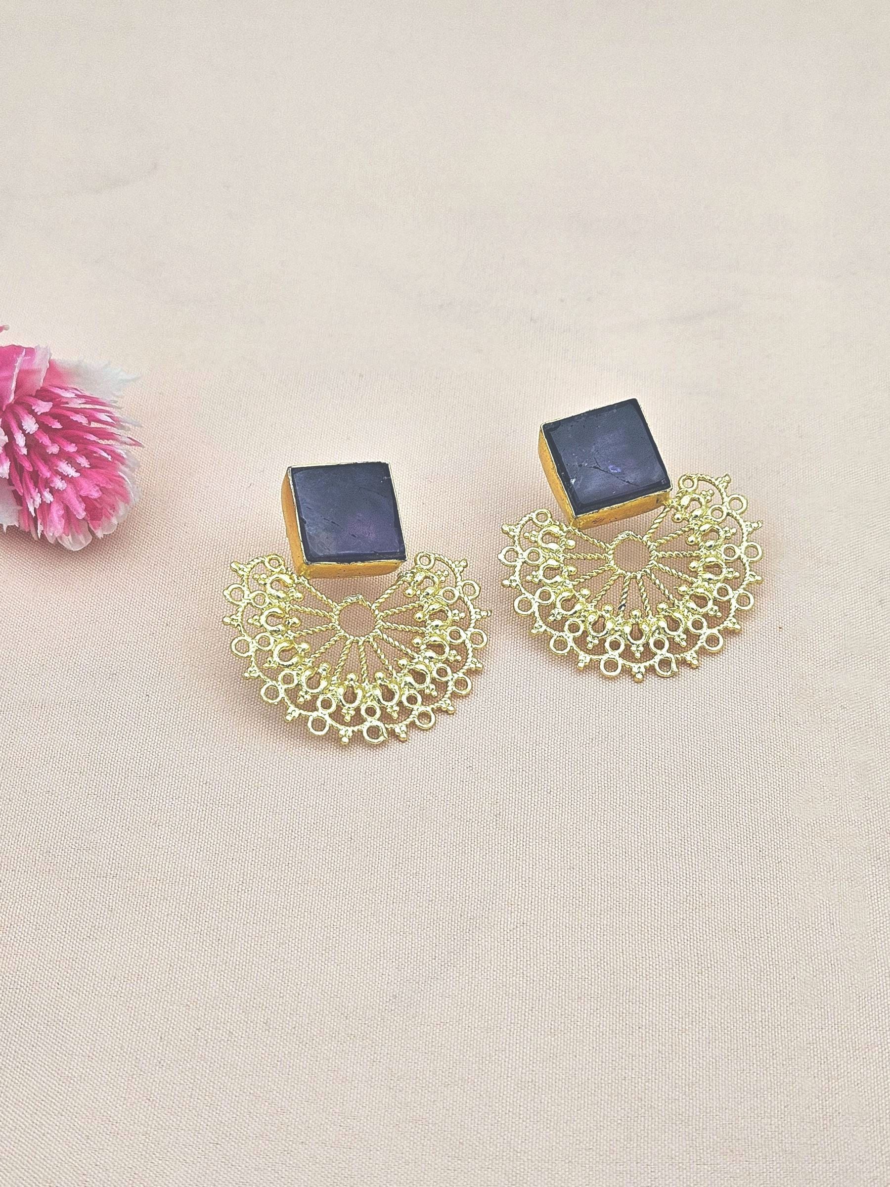 Gorgeous Gold plated Amethyst Choky Stone light Weight Floral Designer Statement Earrings